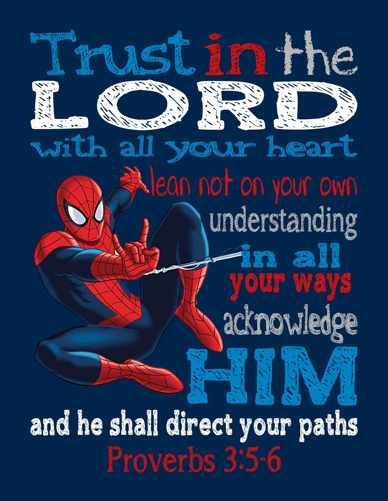 Spider-Man Superhero Christian Nursery Wall Art - Unframed Print with Bible Verse Proverbs 3:5-6 - Inspirational Kids Room Decor for Baby Boy's Bedroom & Sunday School Classroom