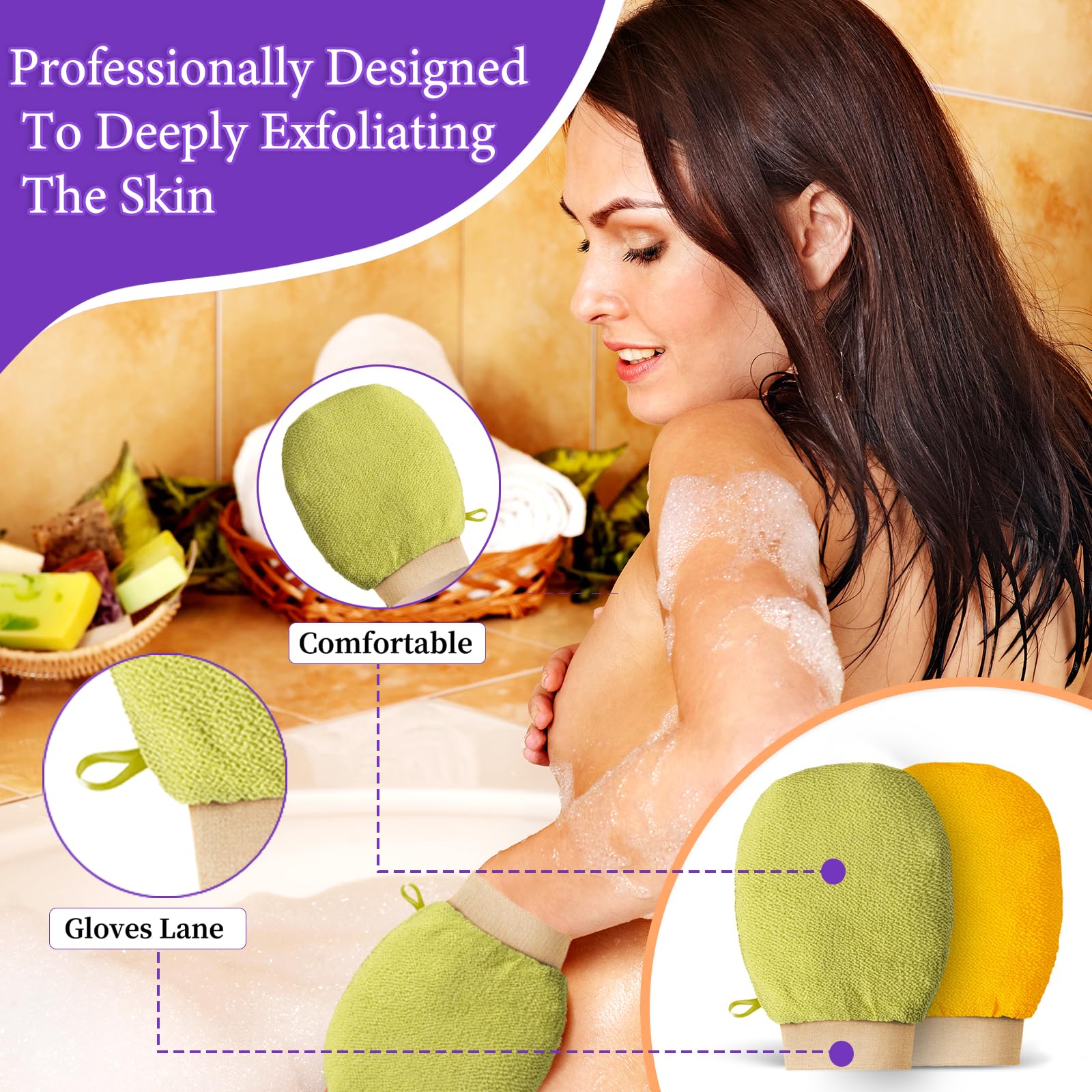 Exfoliating Glove Body Scrubber for Dry to Normal Skin - Dual-Sided Exfoliating Mitt for Self-Tan Removal & Application - Gentle Body Exfoliator for Smooth Skin (Yellow & Green) - Perfect for Pre-Tan Prep & Post-Tan Care