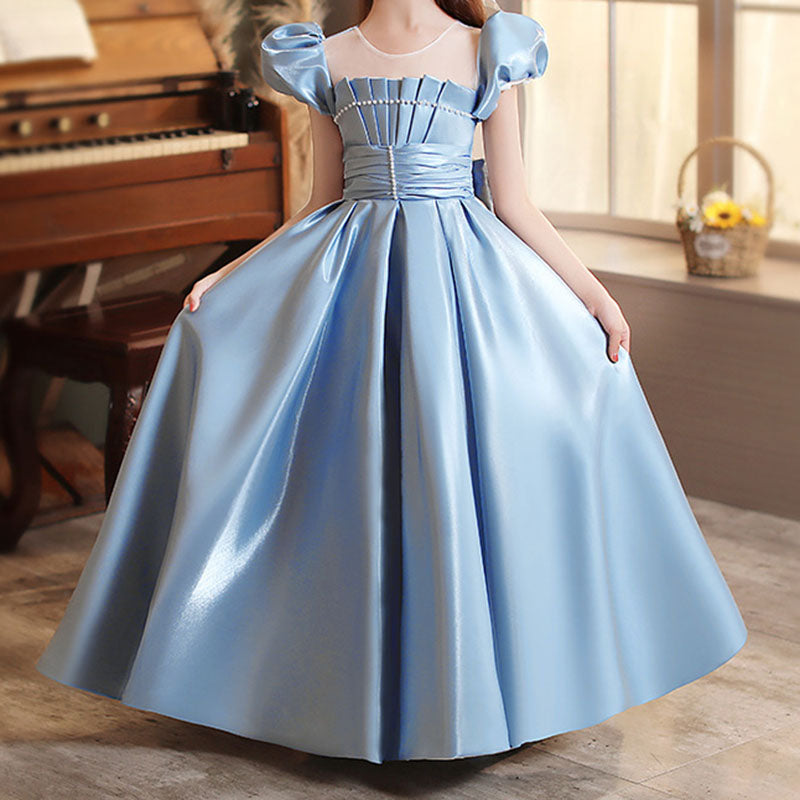 Blue Satin A-Line Flower Girl Dress with Ruffle Puff Sleeves - Perfect for Weddings, Baptisms & Special Occasions