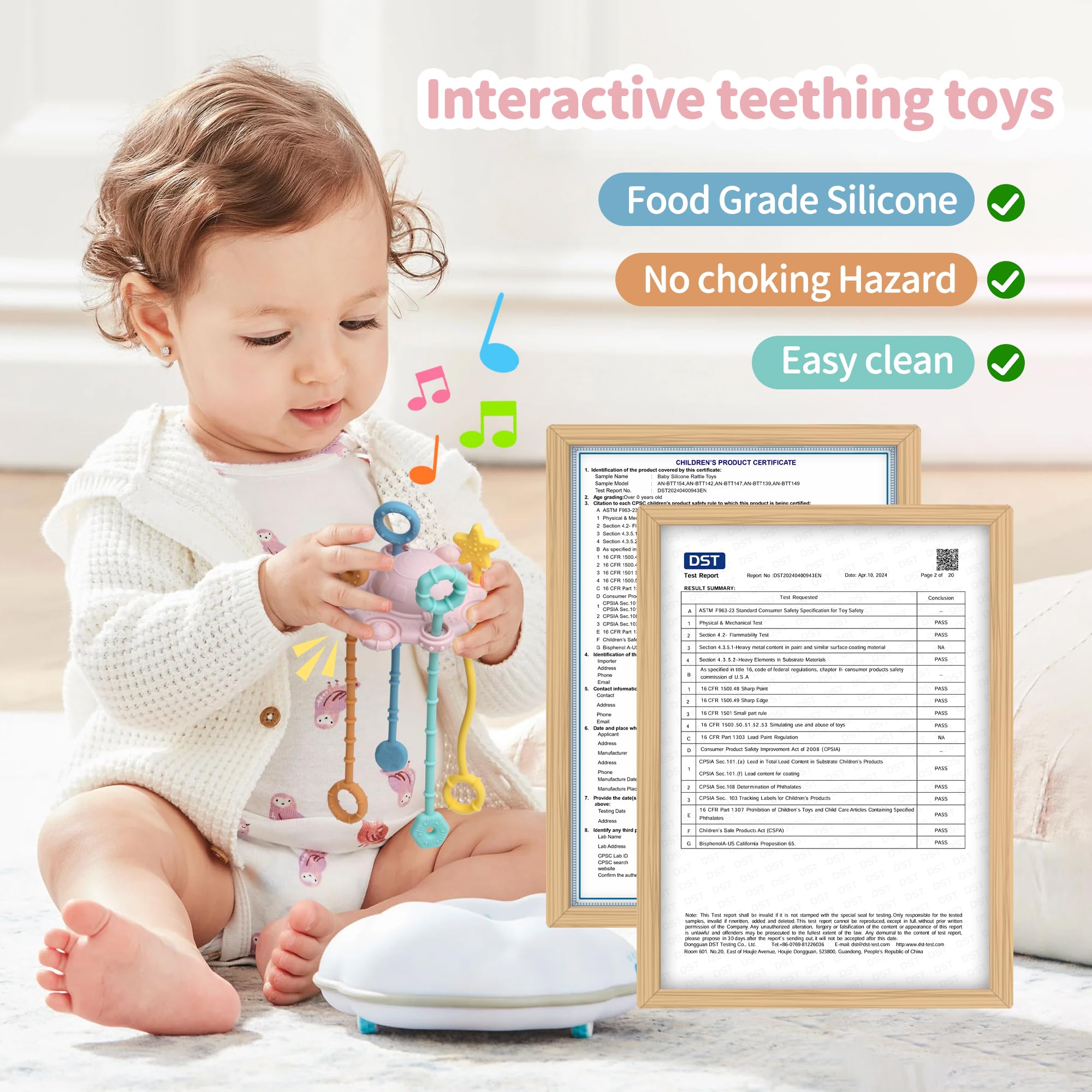 Montessori Baby Pull String Toy - 100% Food Grade Silicone with Built-in Rattle, Easy to Clean Teething Toy for Infants (Pink) - Perfect for Early Learning, Sensory Play & Soothing Teething Pain