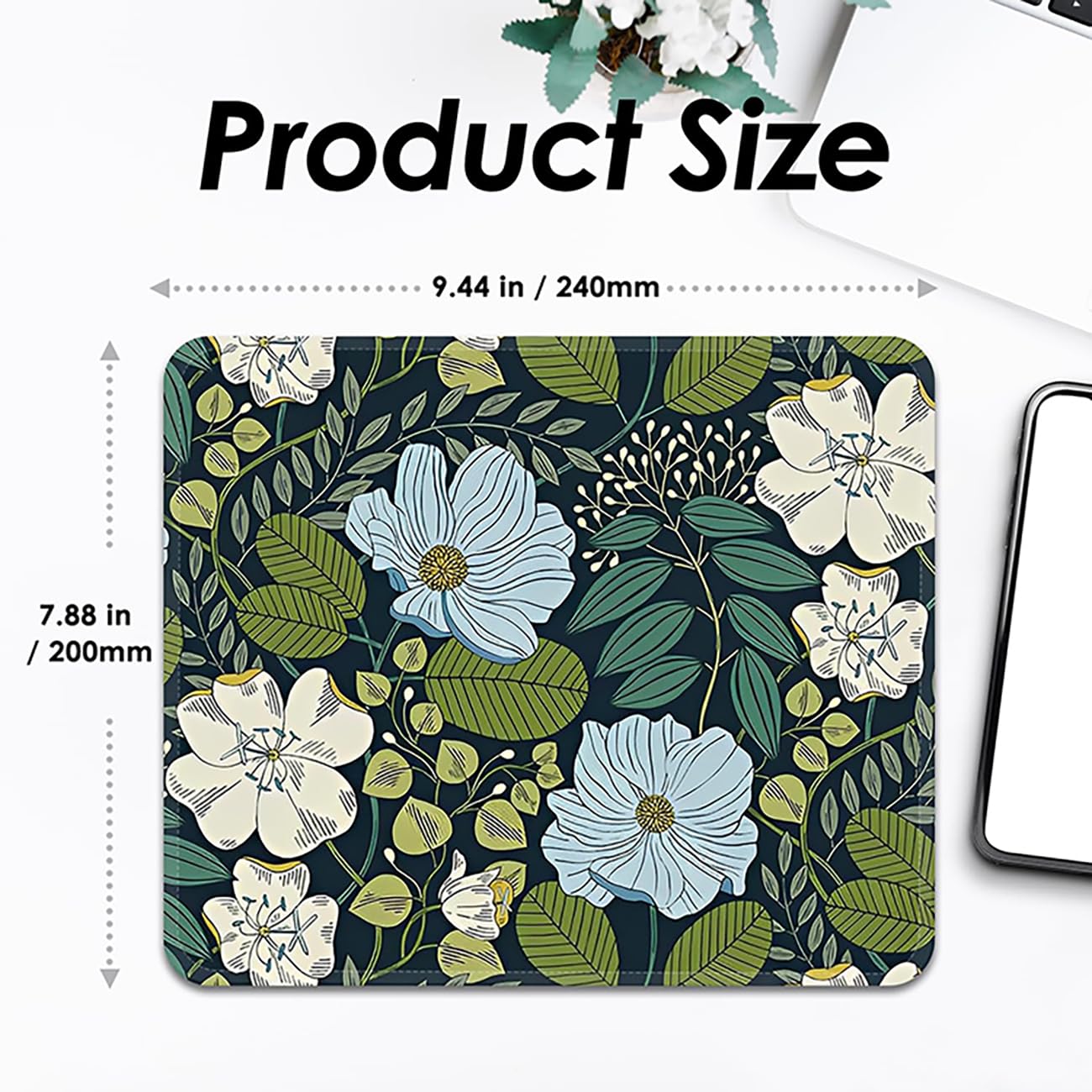 Premium Non-Slip Square Mouse Pad with Stitched Edge - Washable Cloth Surface & Rubber Base - 9.25x7.75x0.12 inches (Flower Pattern) - Perfect for Office, Gaming, and Laptop Use