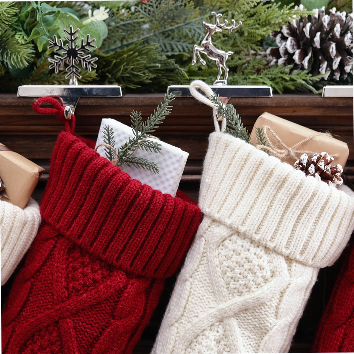 Christmas Stockings 4 Pack - 18 Inch Large Cable Knit Knitted Stockings for Holiday Decor | Rustic Farmhouse Xmas Decorations for Family | Burgundy Red & Cream White Stockings - Perfect for Fireplace Mantel, Staircase, and Country Home Holiday Decor