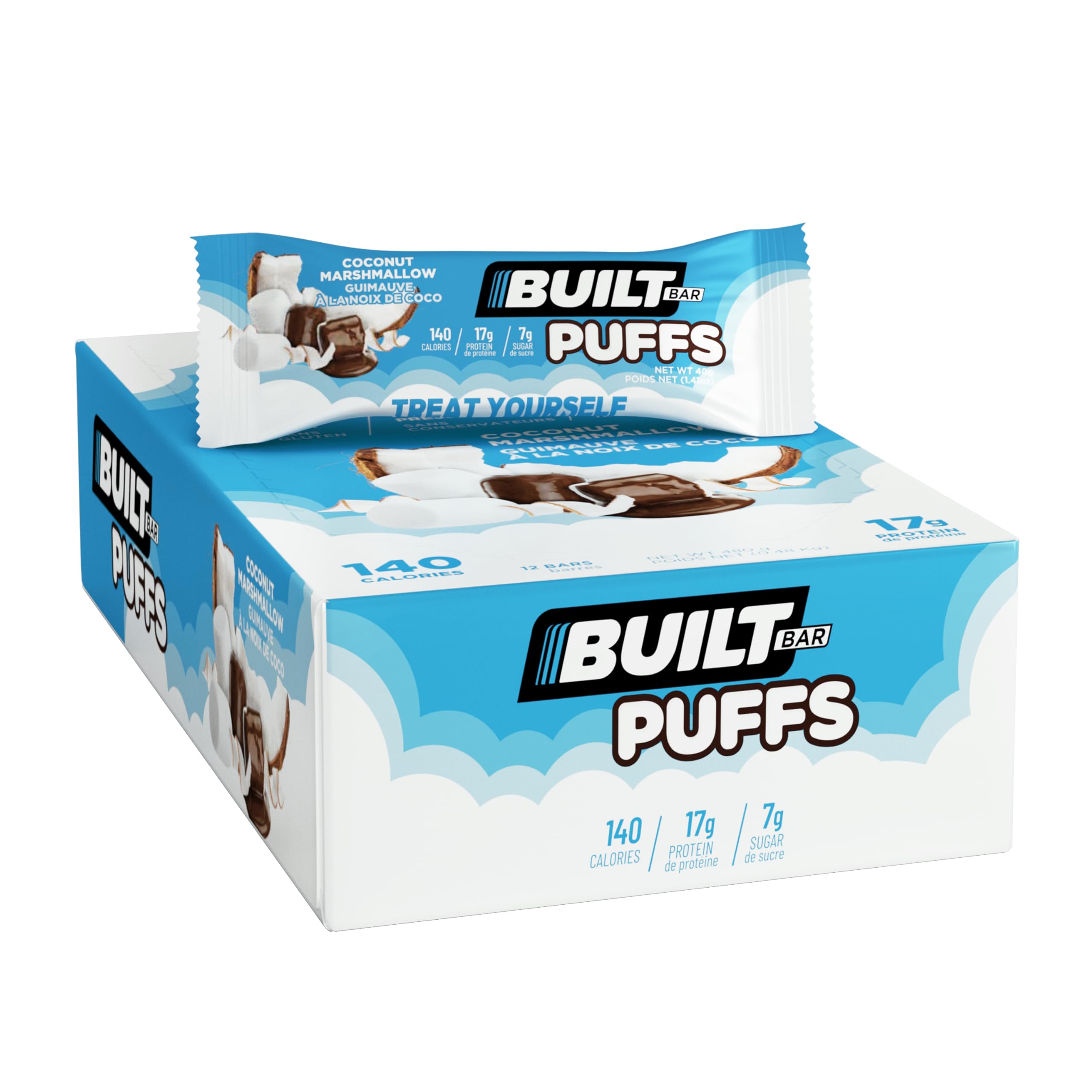 Built Bar 12 Pack High Protein Energy Puffs - Low Carb, Low Calorie, Low Sugar Healthy Snack - Gluten Free Coconut Marshmallow Flavor (12 Count) | Perfect for Workouts, Office Snacking & Keto Diet