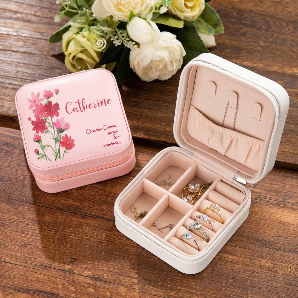 Personalized Leather Jewelry Box for Women - Engraved Name & Birth Flower Travel Jewelry Organizer, Bridesmaid Gift, Mom Birthday Gift - Elegant White Jewelry Storage Case (Perfect for Travel, Bridal Shower, Mother's Day & Special Occasions)
