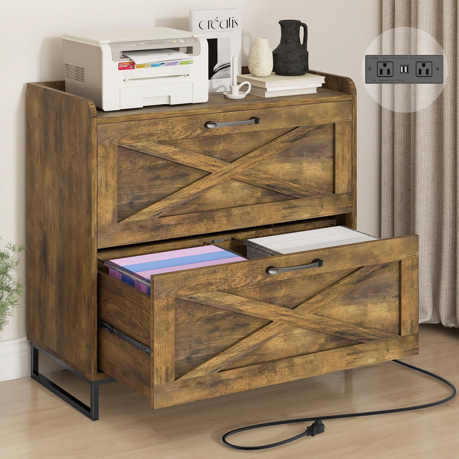 2-Drawer Lateral File Cabinet with Charging Station - Letter/Legal/A4 Size Hanging File Storage - Wooden Office Cabinet with Printer Stand for Home & Workspace - Brown - Perfect for Organizing Documents, Charging Devices & Saving Space in Home Offices