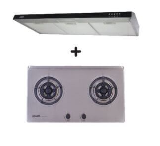 Ellane 60cm/90cm Slimline Range Hood with Black Panel EH 9180 + Ellane EB 228SV 75cm 2 Burner Stainless Steel Cooktop - Perfect for Modern Kitchens & Compact Spaces