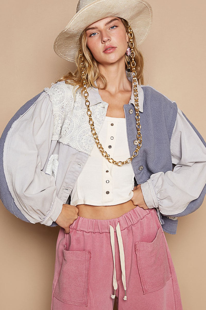 Stylish POL Crochet Patch Exposed Seam Button-Up Jacket for Women - Vintage Boho Fashion Outerwear for Spring & Fall