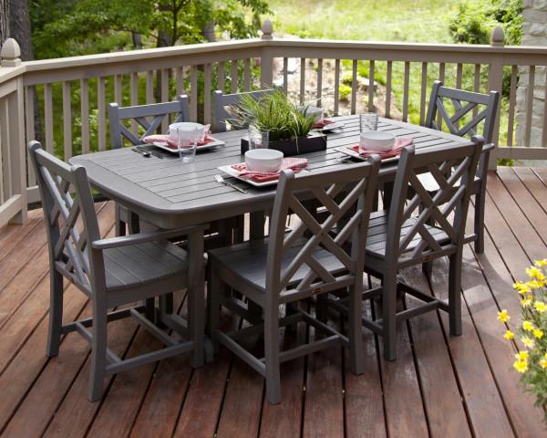 Polywood Chippendale 7-Piece Outdoor Dining Set - All-Weather Wicker Patio Furniture for Backyard, Poolside & Garden - Classic White Dining Table with 6 Chairs