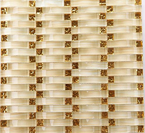 5-Sheet Hand Painted Glass Mosaic Tile Backsplash - Square Gold & Arched Crystal Interlocking Off-White Tiles for Kitchen, Bathroom, Accent Wall (YF-88) | Perfect for Modern Home Decor, DIY Projects & Commercial Spaces