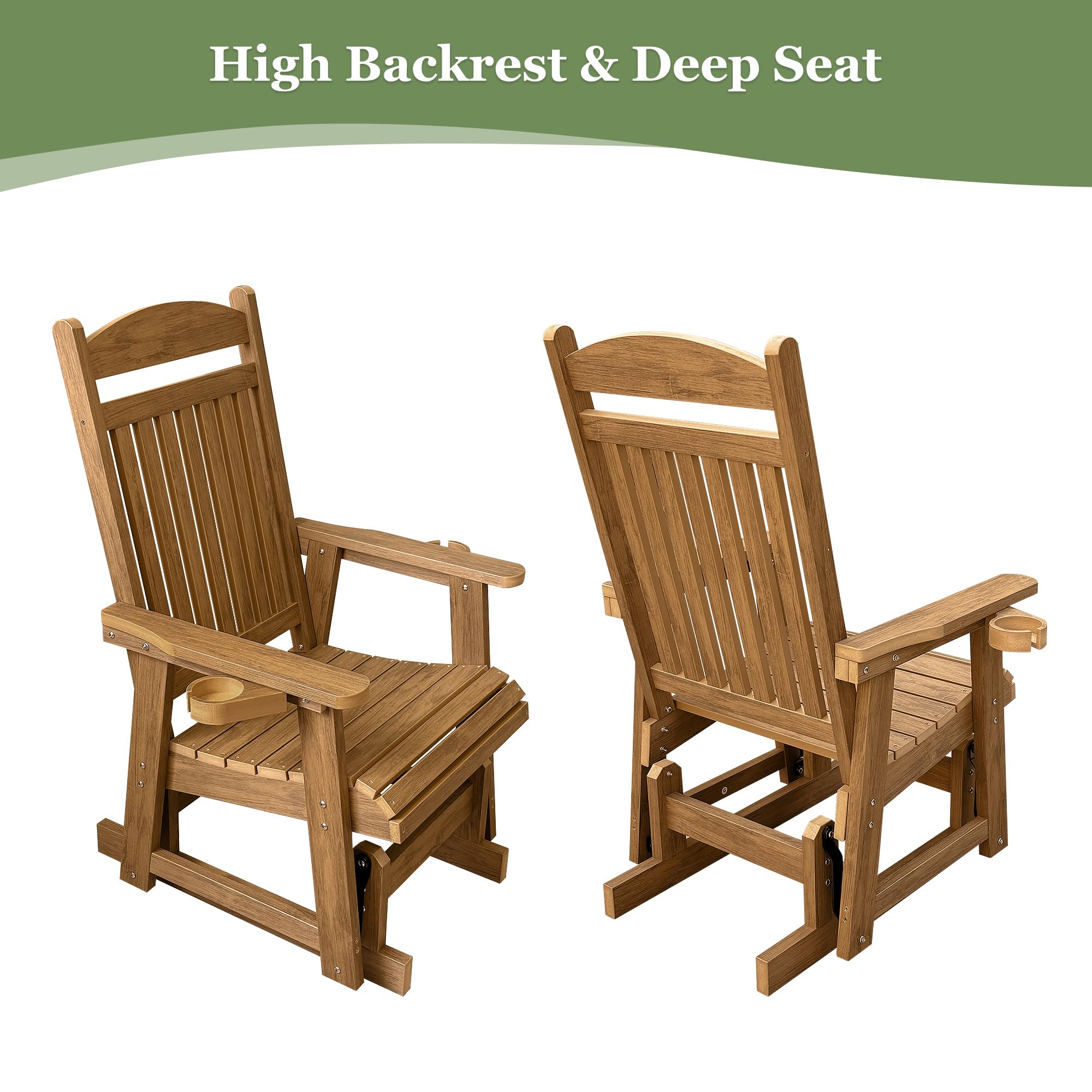 Poly Lumber Single Person Patio Glider with Cup Holders - High Back Support & Contoured Seat - Heavy Duty 700lb Capacity All-Weather HIPS Material (Brown) - Perfect for Porch, Garden & Outdoor Relaxation