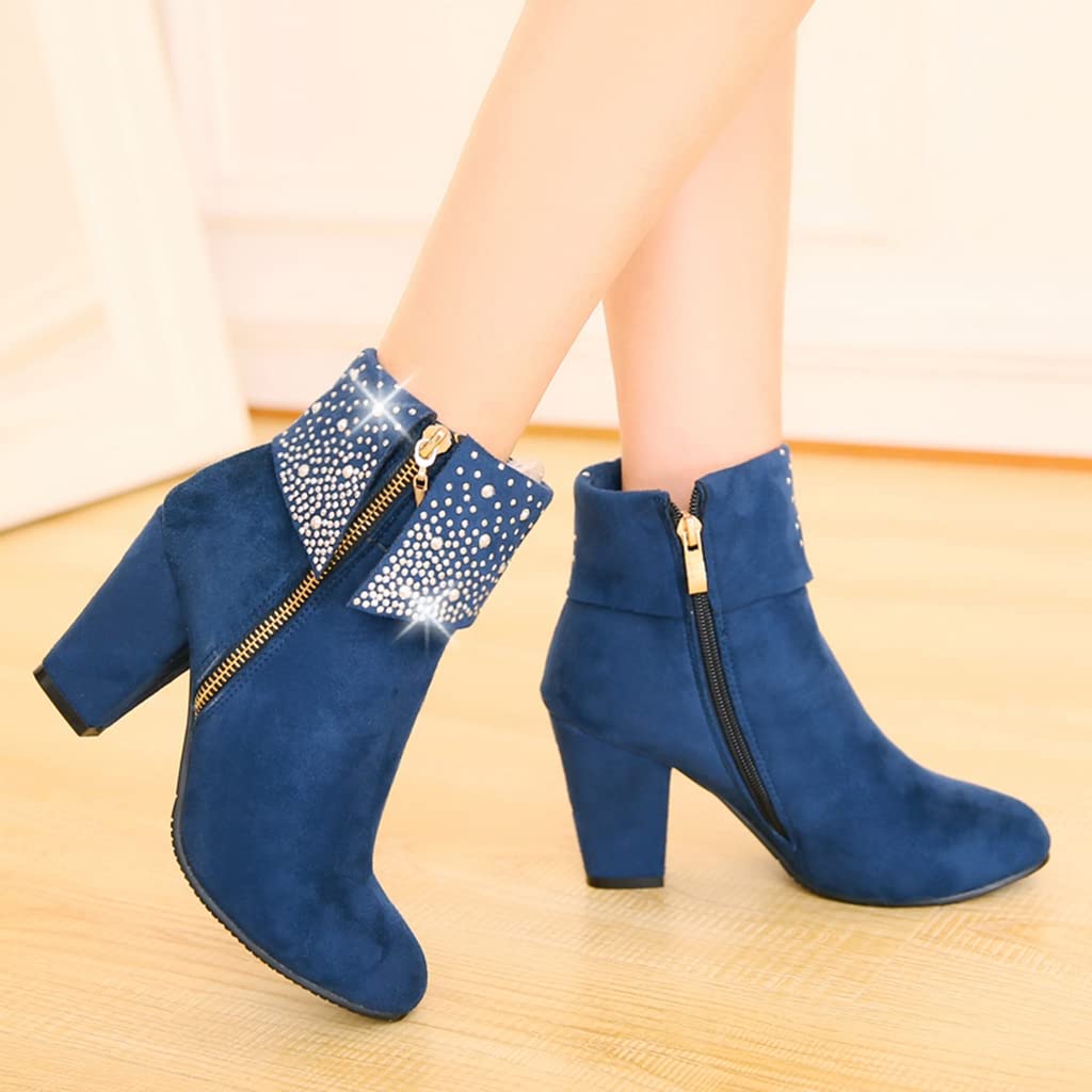 MIOKE Women's Chunky Block Heel Ankle Boots - Rhinestone Decor Suede Round Toe Zipper Booties for Party, Club & Evening Dress Outfits