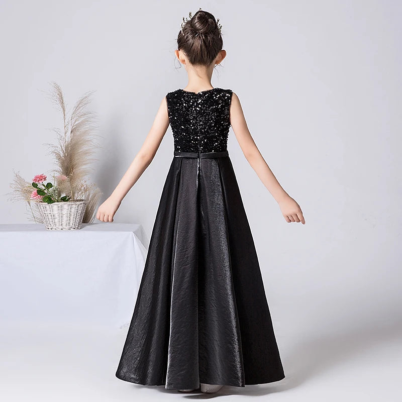 Elegant Satin Long Formal Dress for Girls - Black & Navy Blue Princess Gown for Birthday Parties, Prom, Pageants & Special Occasions