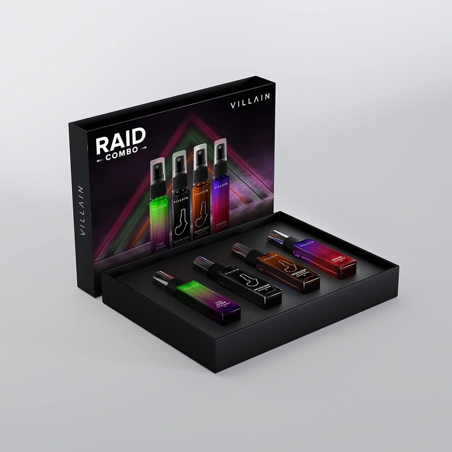 Premium Men's Perfume Gift Set - Villain Raid Luxury 4x8ml EDP Fragrance Combo (Woody & Spicy) | Long Lasting Cologne for Day to Night Wear | Perfect Birthday, Anniversary & Valentine's Day Present for Him