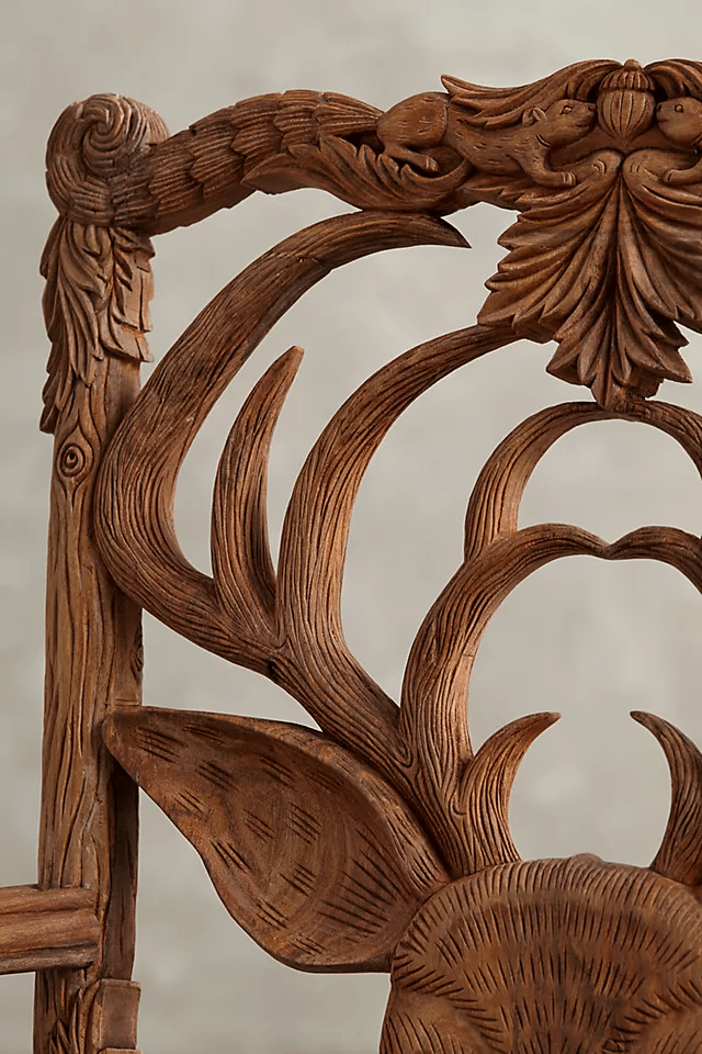 Hand Carved Natural Wood Deer Armchair - Solid Wood Dining Chair for Home, Restaurant & Cabin Decor | Rustic Furniture for Living Room & Dining Room