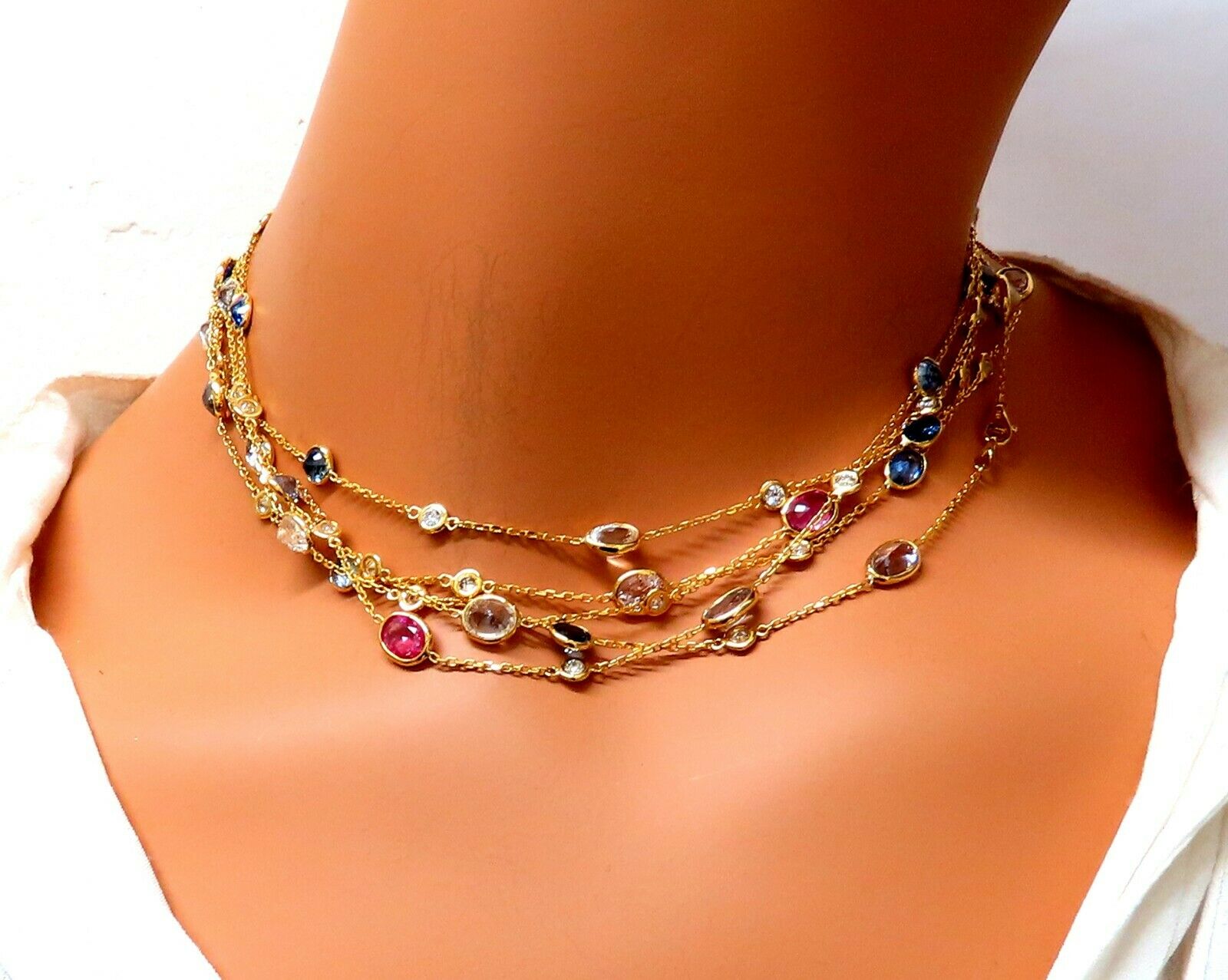 43.05ct Natural Vivid Blue Sapphire and Diamond 14K Gold 4-Tier Wrap Necklace - 76 Inch Luxury Statement Jewelry for Weddings & Special Occasions