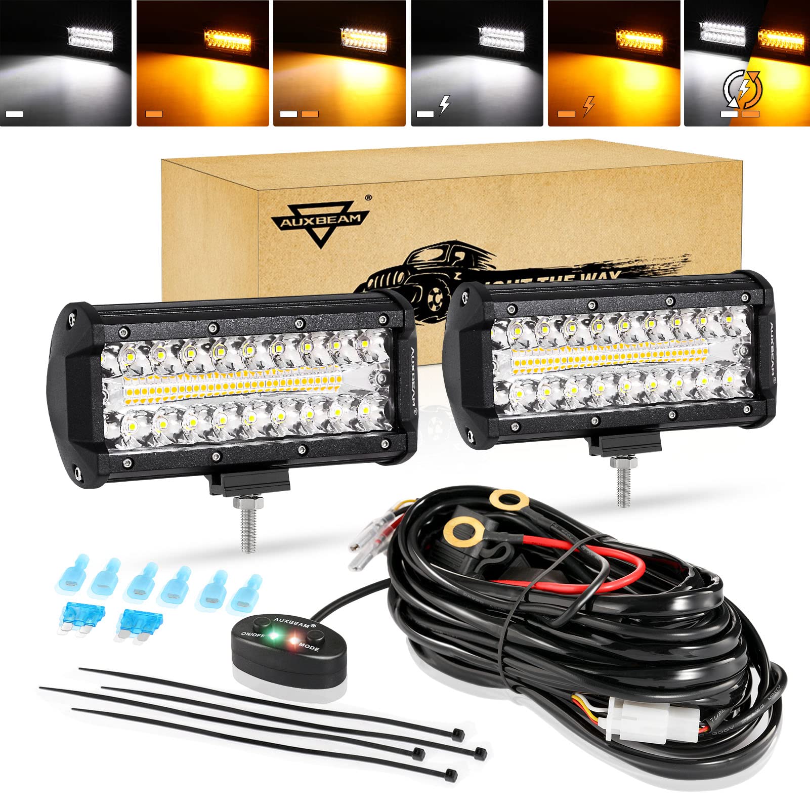 Auxbeam 7 Inch LED Light Bar 300W - Dual Color Amber & White Offroad Lights - 6 Modes Spot/Flood Work Light for Trucks, ATV, Jeep, Boat, Golf Cart (Pack of 2) - Perfect for Night Driving, Camping & Emergency Lighting