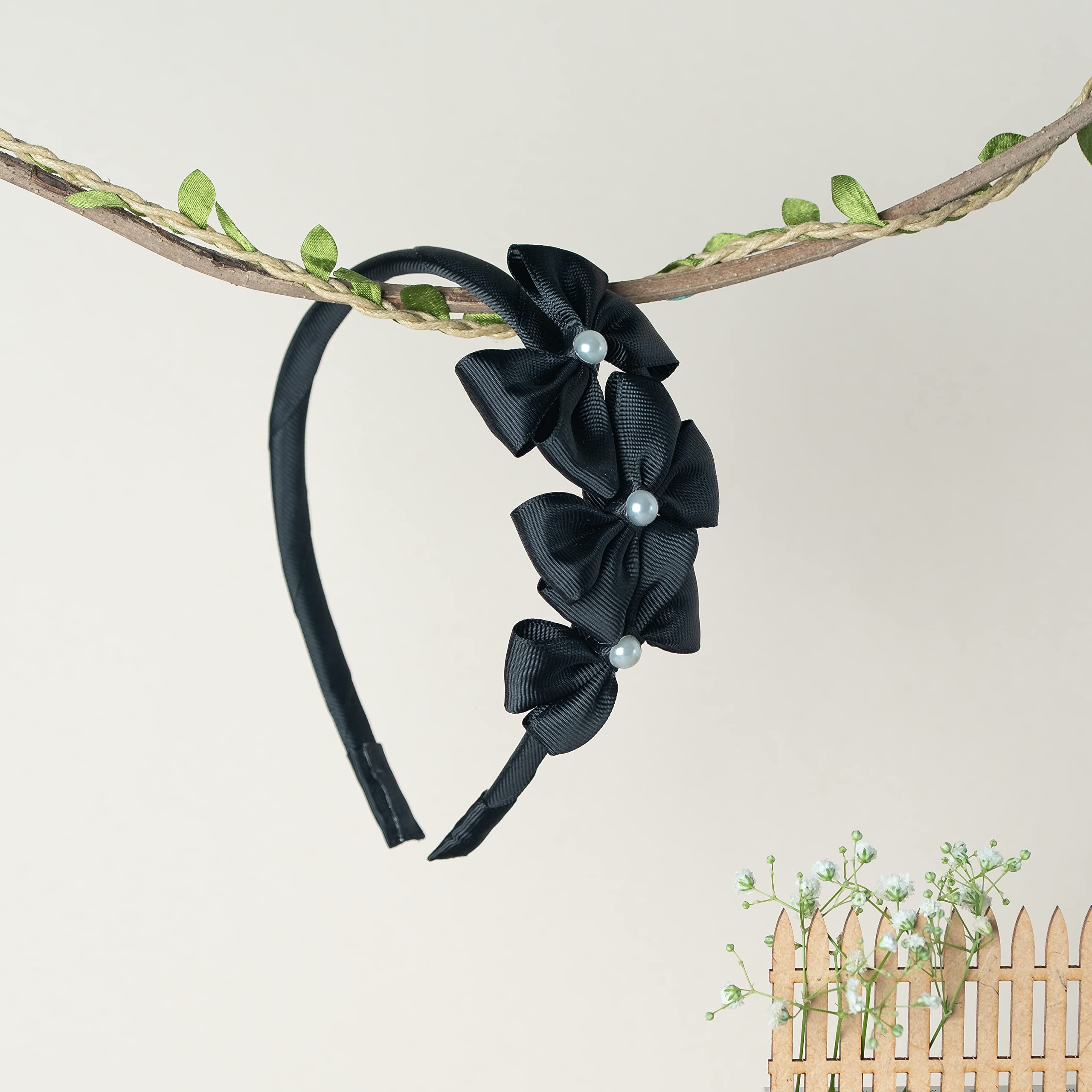 Stylish Triple Grosgrain Ribbon Bow Hairband with Pearl Detail for Women & Girls - Elegant Black Hair Accessory for Parties, Weddings & Daily Wear (Set of 1)