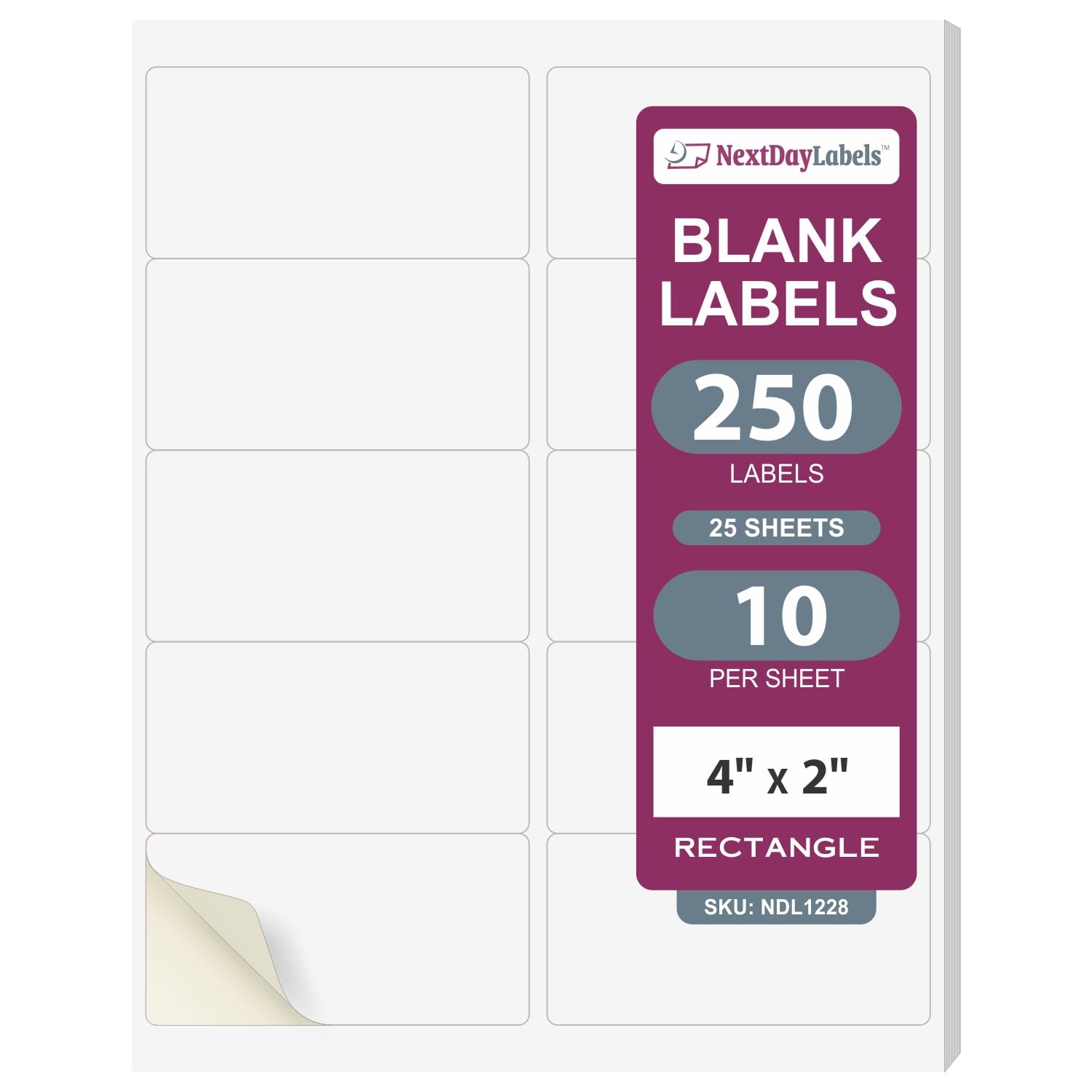 NextDayLabels – 4” x 2” White Rectangular Sticker Labels for Laser/Inkjet Printer - 250 Adhesive Shipping Labels (25 Sheets, 10 Per Sheet) - Perfect for Return Address, Packages & Mailing