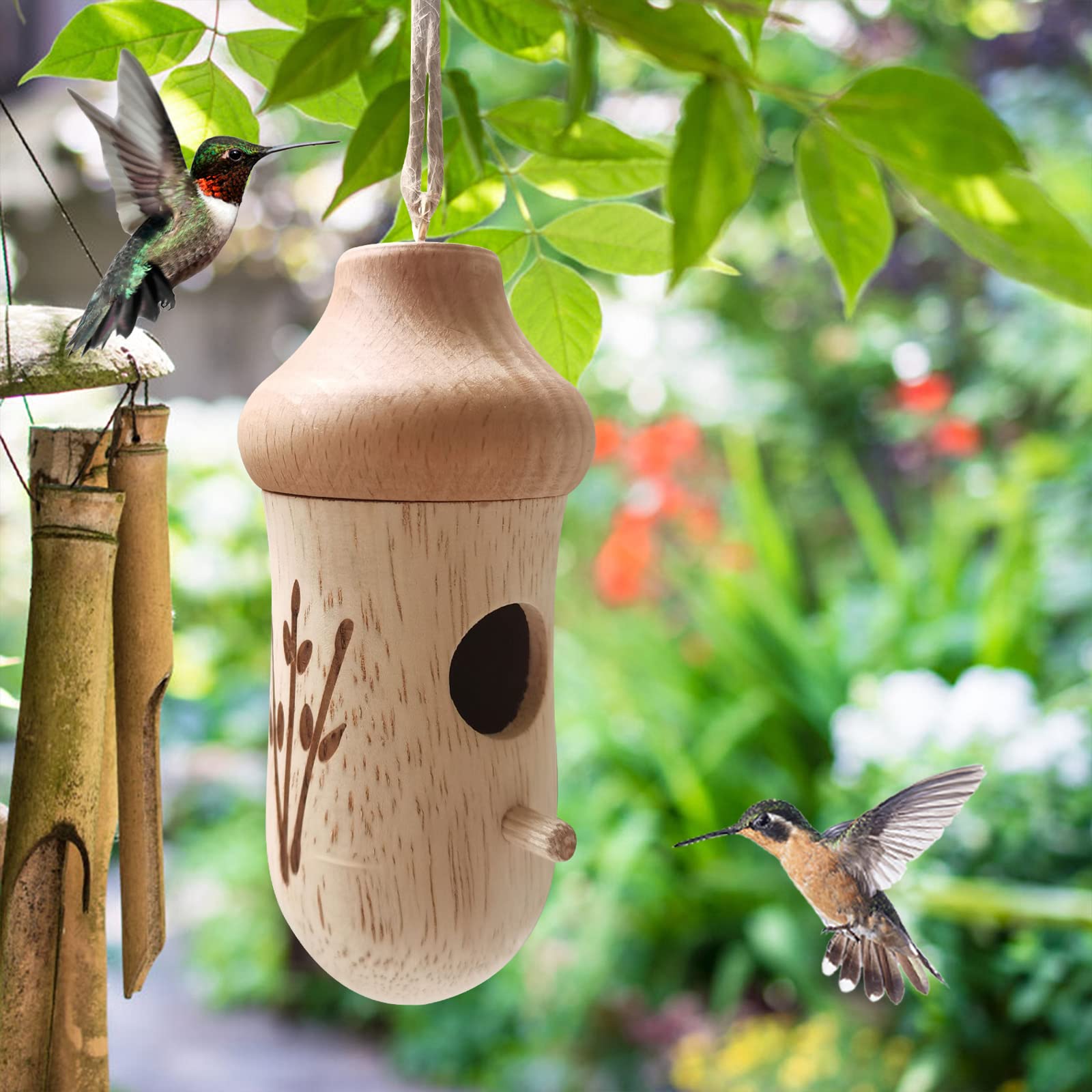 Hummingbird House - Handcrafted Wooden Hanging Bird House for Outdoor & Garden Decor, Attracts Hummingbirds & Small Birds Like Sparrows - Perfect for Backyard, Patio, Balcony and Nature Lovers