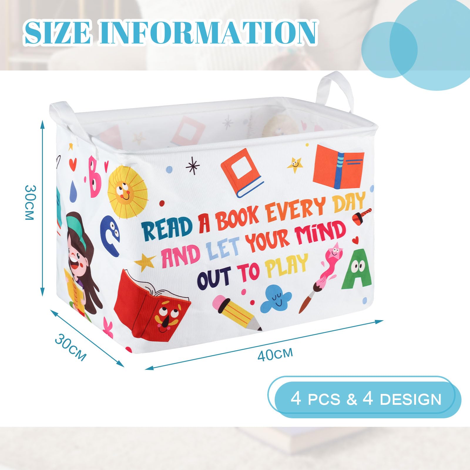 Domensi 4-Pack Foldable Kids Book Storage Bins - 15.7 x 11.8 x 11.8 Inch Rectangle Book Organizer for Nursery, Classroom & Library | Collapsible Book Basket for Bedroom, Closet & Playroom Organization | Perfect for Toy Storage, Book Display & Kids Room Decor