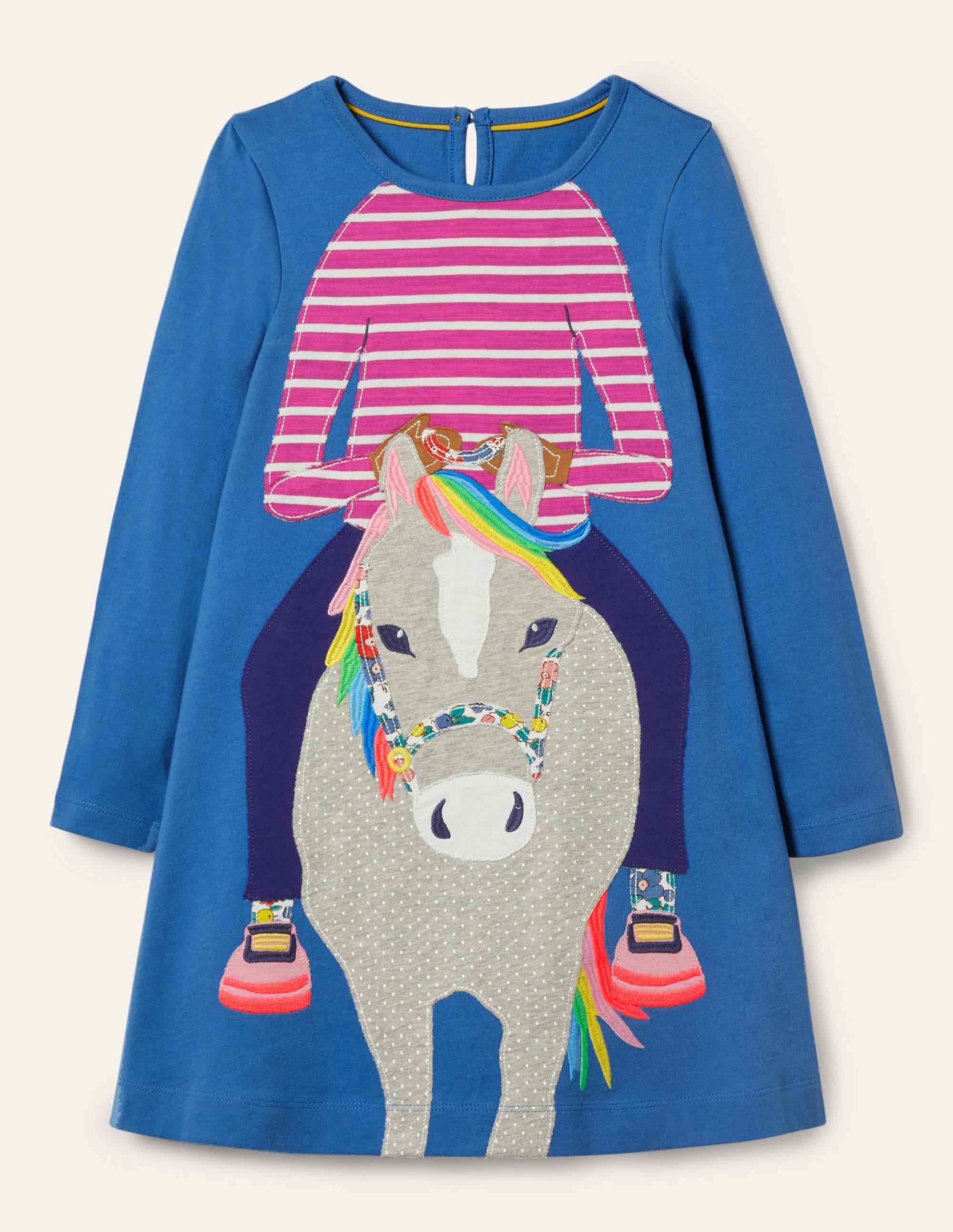 Elegant Appliqué Jersey Dress in Elizabethan Blue with Horse Design - Perfect for Casual Outings, Parties, and Vintage-Inspired Fashion
