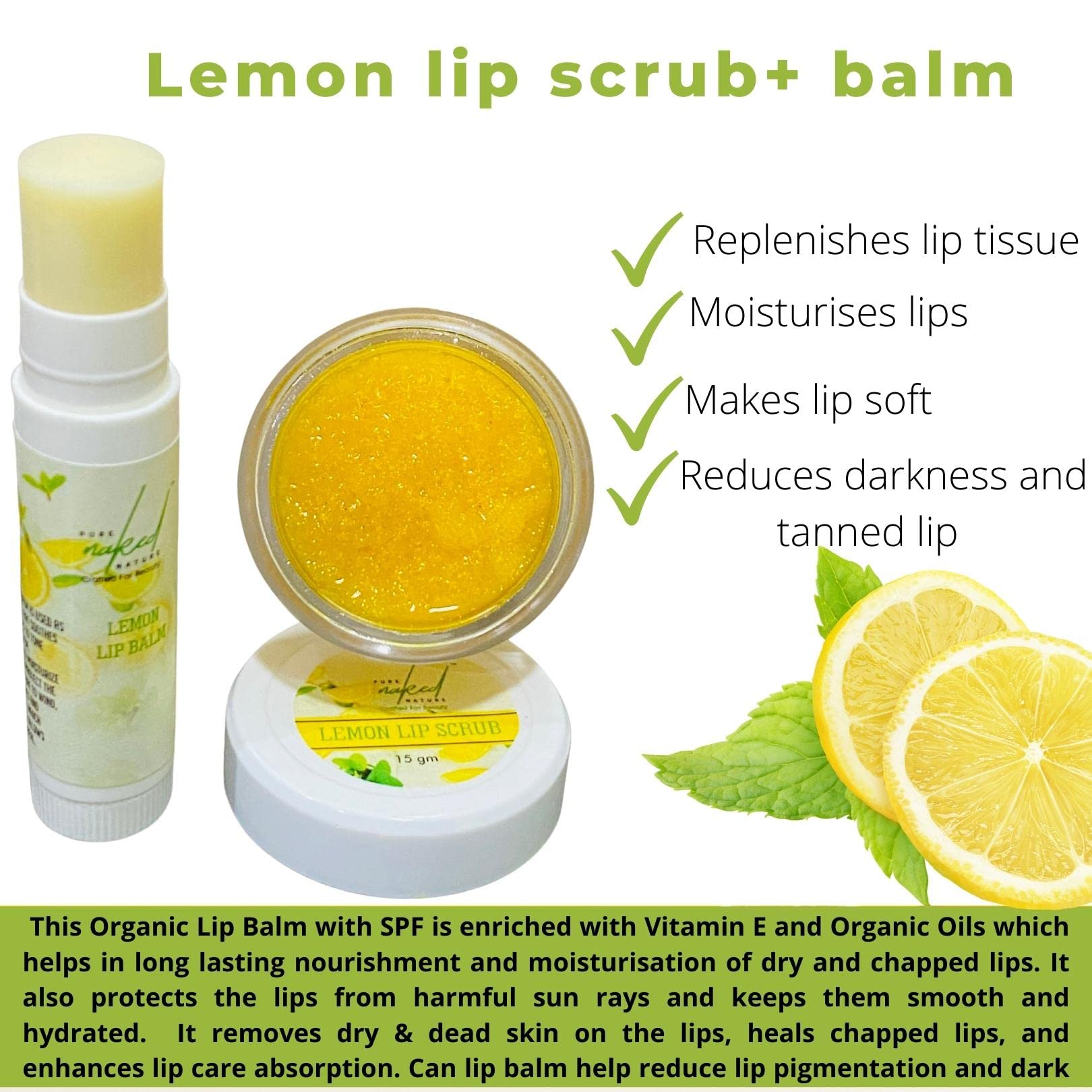 PURE NAKED NATURE Lemon Extract Lip Scrub & Balm Set - Dark Lip Lightening Treatment for Soft Pink Lips | Paraben-Free | Perfect for Daily Lip Care & Nighttime Treatment