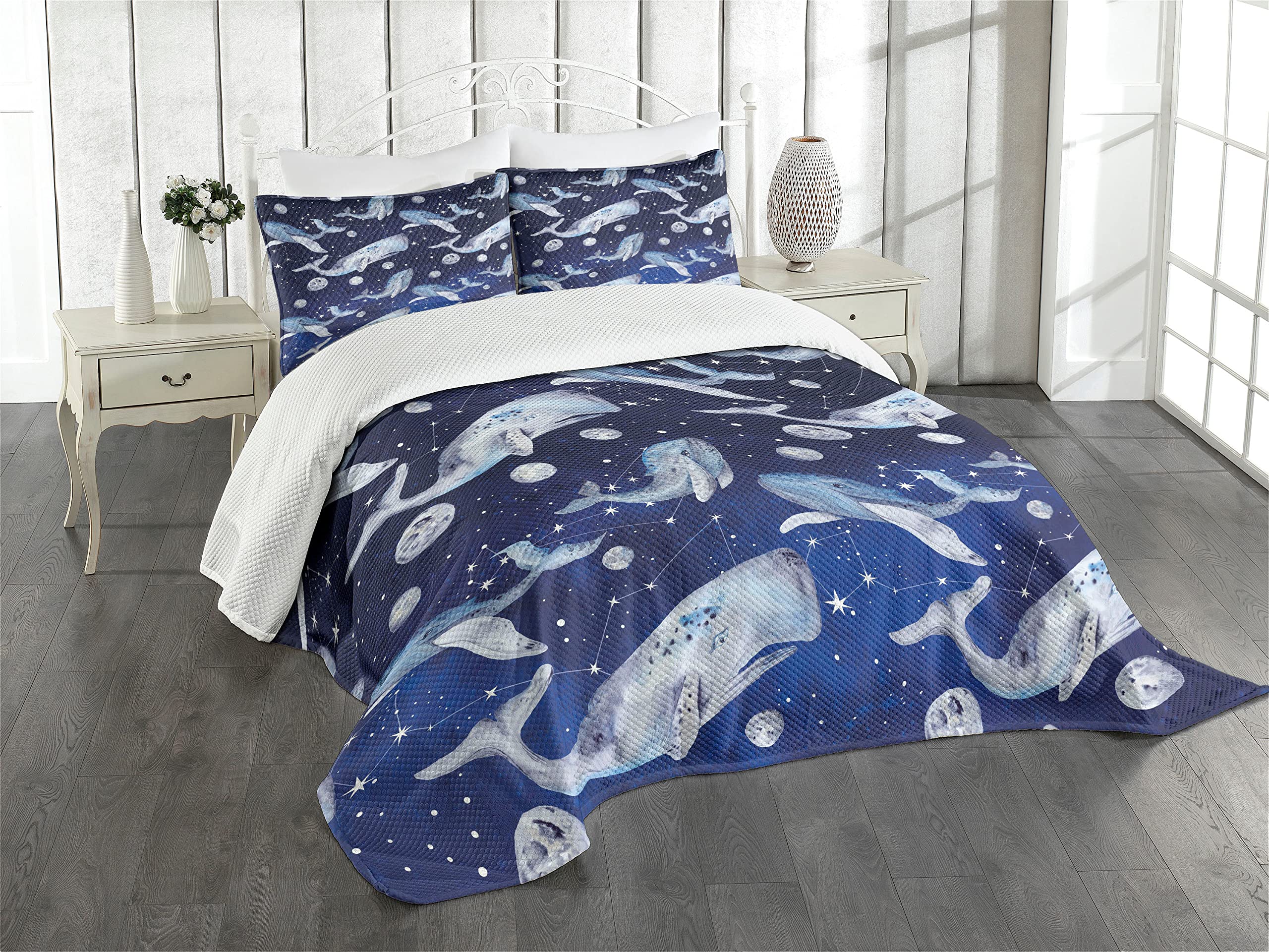 Ambesonne 3-Piece Whale Bedspread Set with 2 Pillow Shams - Outer Space Cosmos Design Featuring Fishes and Planets Among Stars - King Size Navy Purple Grey Bedding - Perfect for Coastal, Nautical or Astronomy Themed Bedrooms