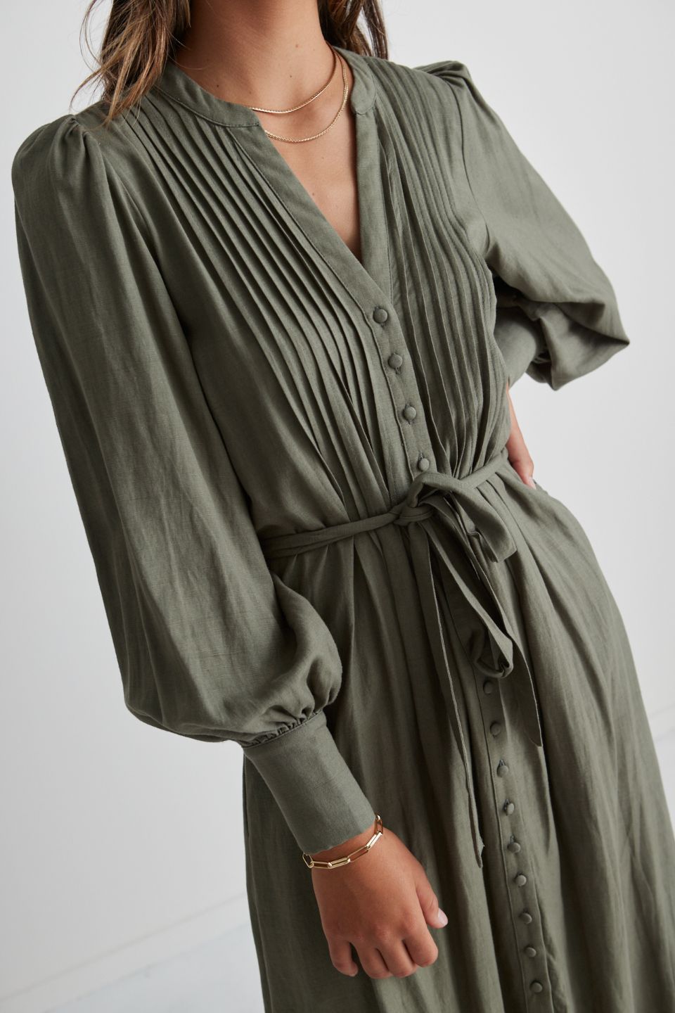 Guardian Soft Khaki Puff Sleeve Pintuck Midi Shirt Dress for Women | Casual Office Wear & Spring Summer Outfits | Comfortable Stretch Cotton Blend Dress