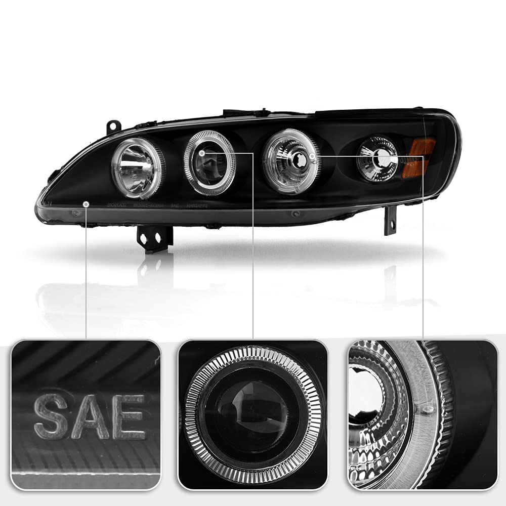 ACANII LED Halo Ring Black Housing Projector Headlights for 1998-2002 Honda Accord - Driver & Passenger Side - High Visibility Night Driving & Custom Style Upgrade