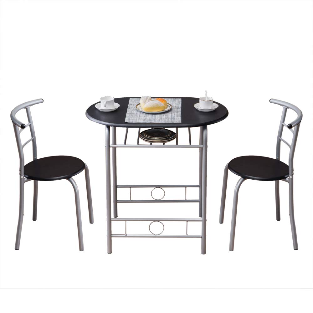 3-Piece Bistro Dining Table Set with 2 Chairs - Compact Breakfast & Kitchen Table with Metal Frame & Storage Shelf (Black) | Perfect for Small Spaces, Apartments, and Cozy Breakfast Nooks