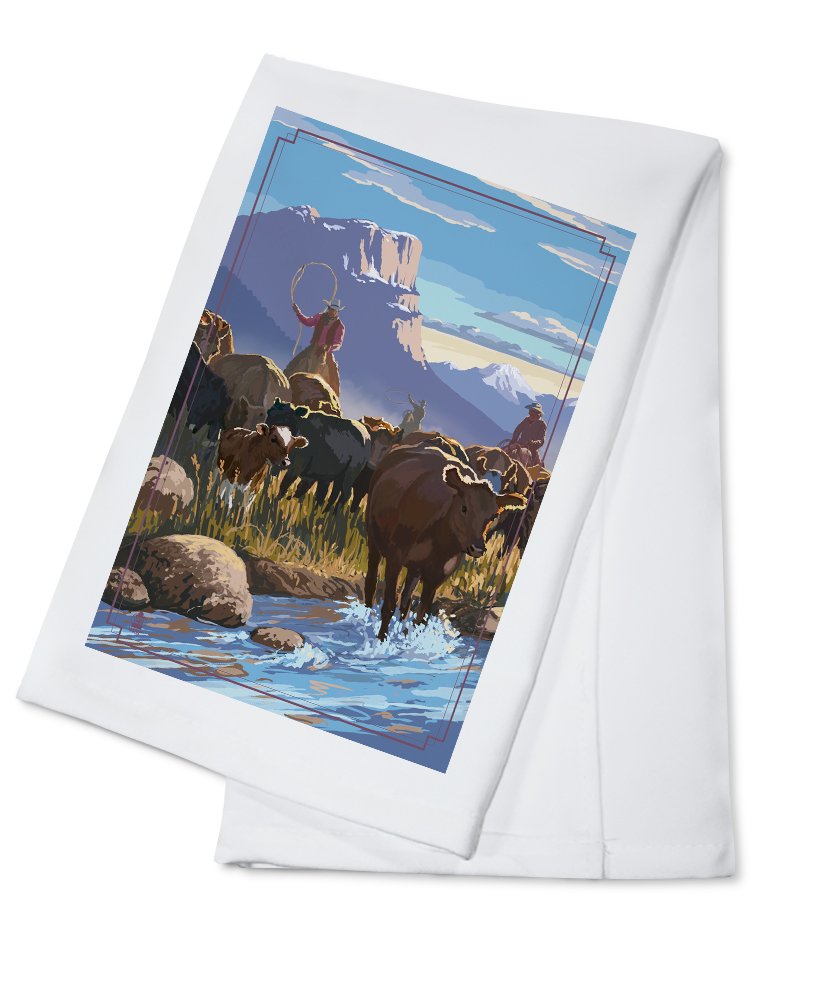 Cowboy Cattle Drive Scene Tea Towel - 100% Cotton Decorative Hand Towel for Kitchen & Home - Perfect for Farmhouse Decor, Western Themed Parties & Rustic Gift Giving