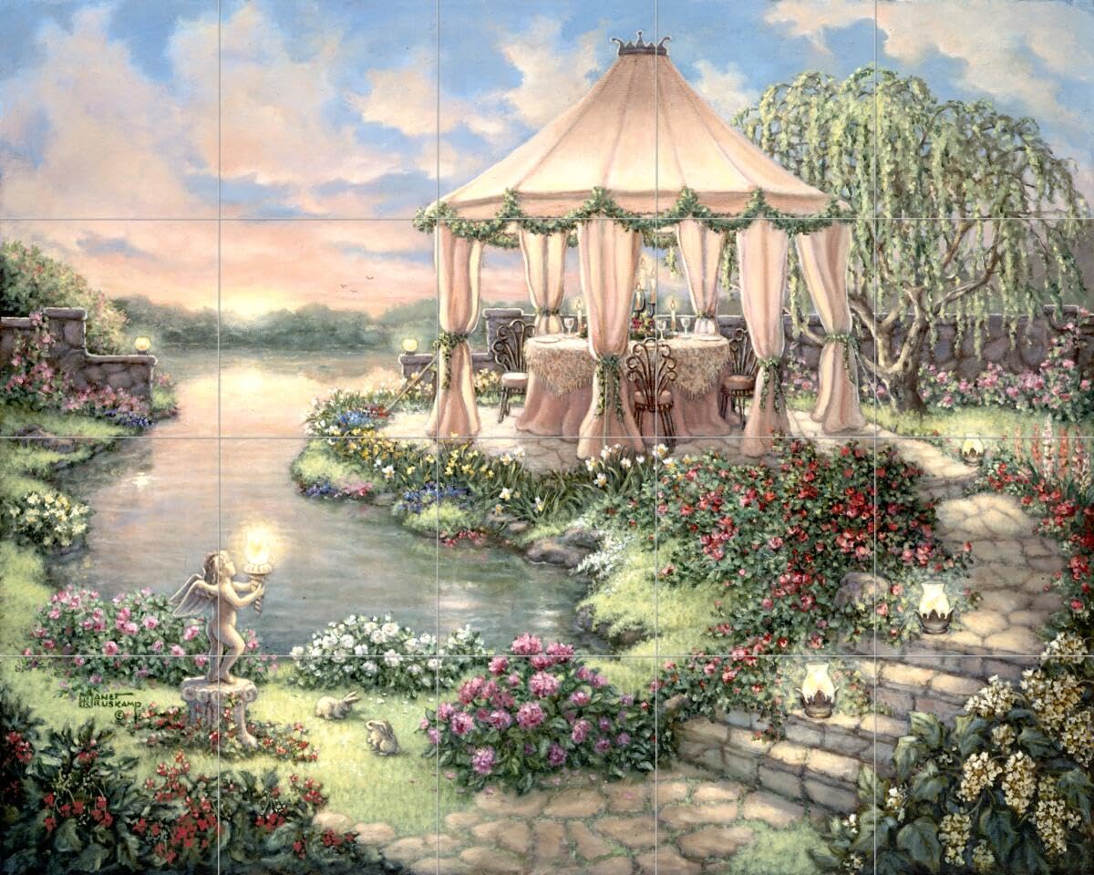 Hand-Painted Ceramic Backsplash Tile Mural - Garden Landscape Design for Kitchen, Bathroom & Shower Walls - Janet Kruskamp Art Collection - Perfect for Home Renovation & Interior Decor