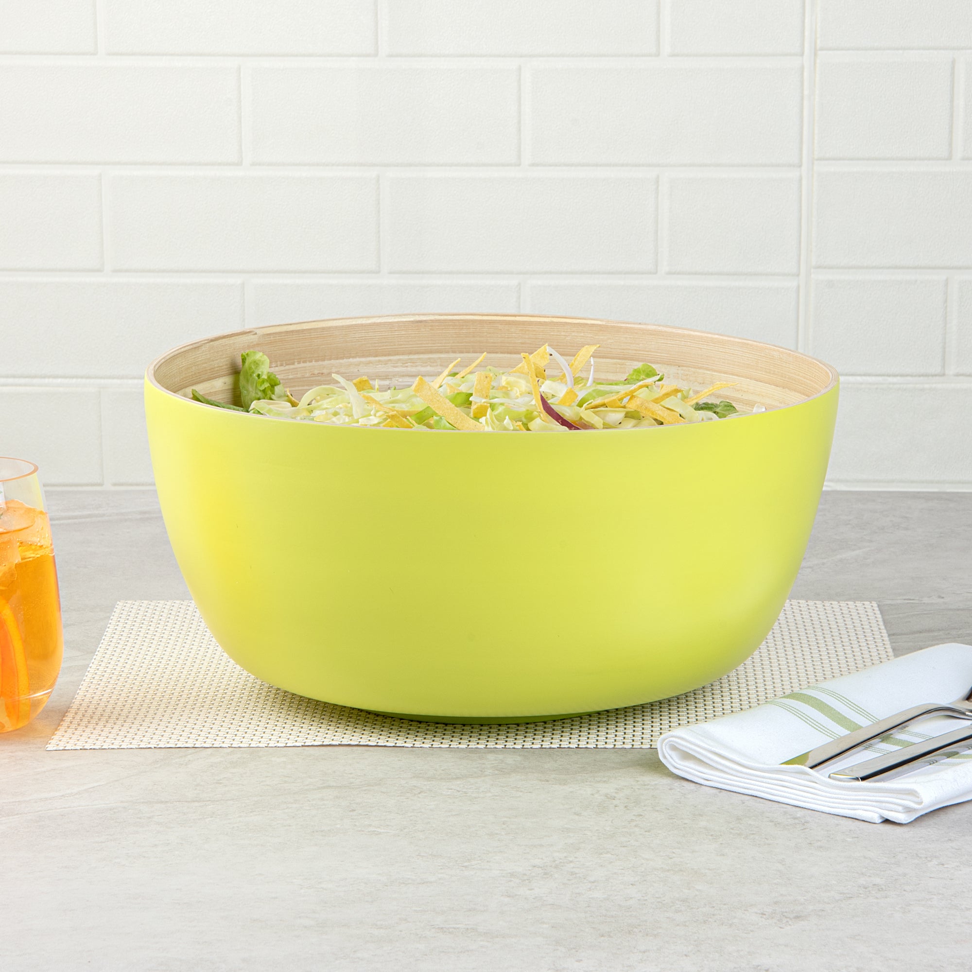 Bambuddha 51 oz Large Round Green Spun Bamboo Salad Bowl - 13.5
