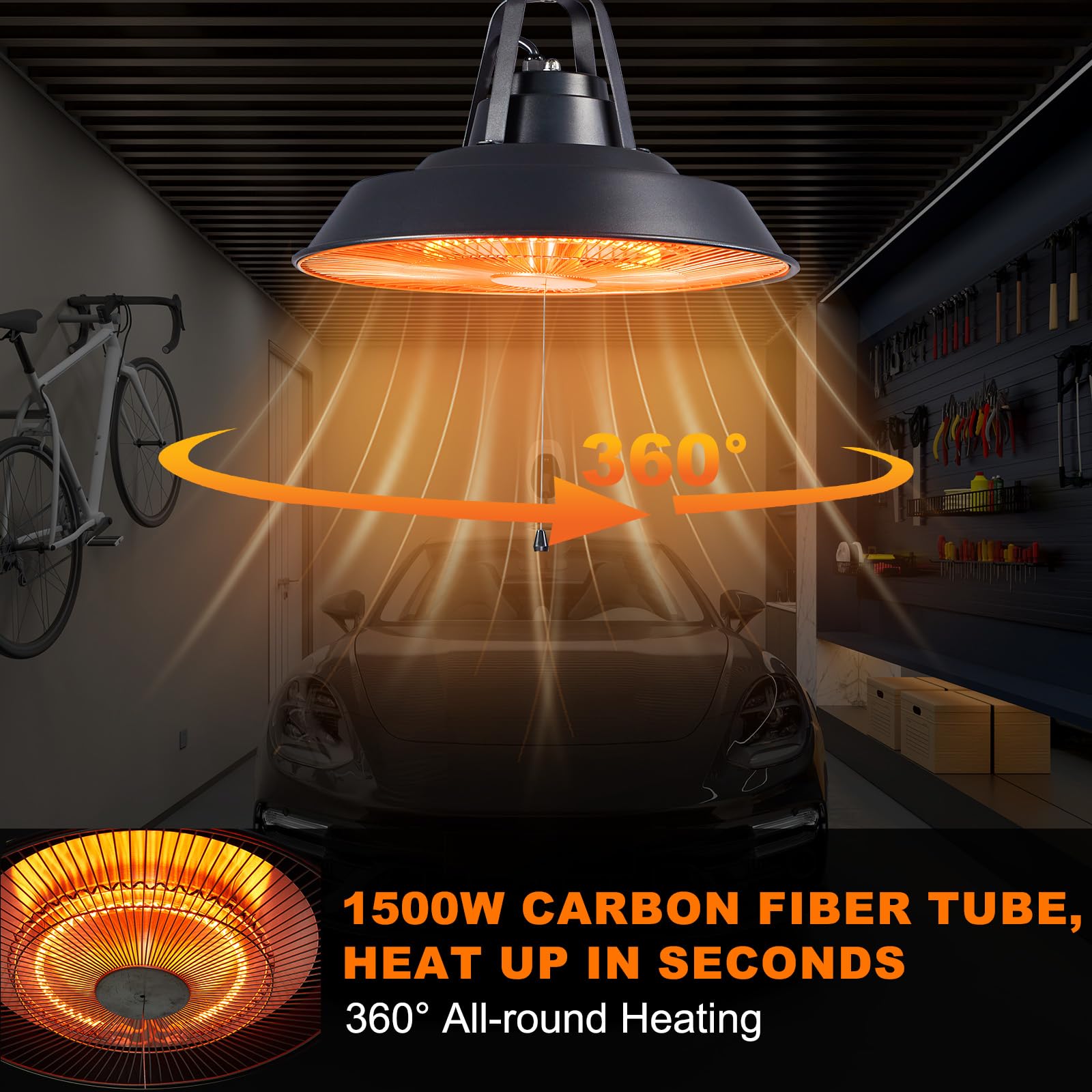 1500W Electric Outdoor Patio Heater - Ceiling Mounted Carbon Infrared Heater with 600W/900W/1500W Adjustable Settings, IP34 Waterproof for Garage, Gazebo, Deck & Shop - Perfect for Patio Dining, Outdoor Gatherings & Winter Workspaces