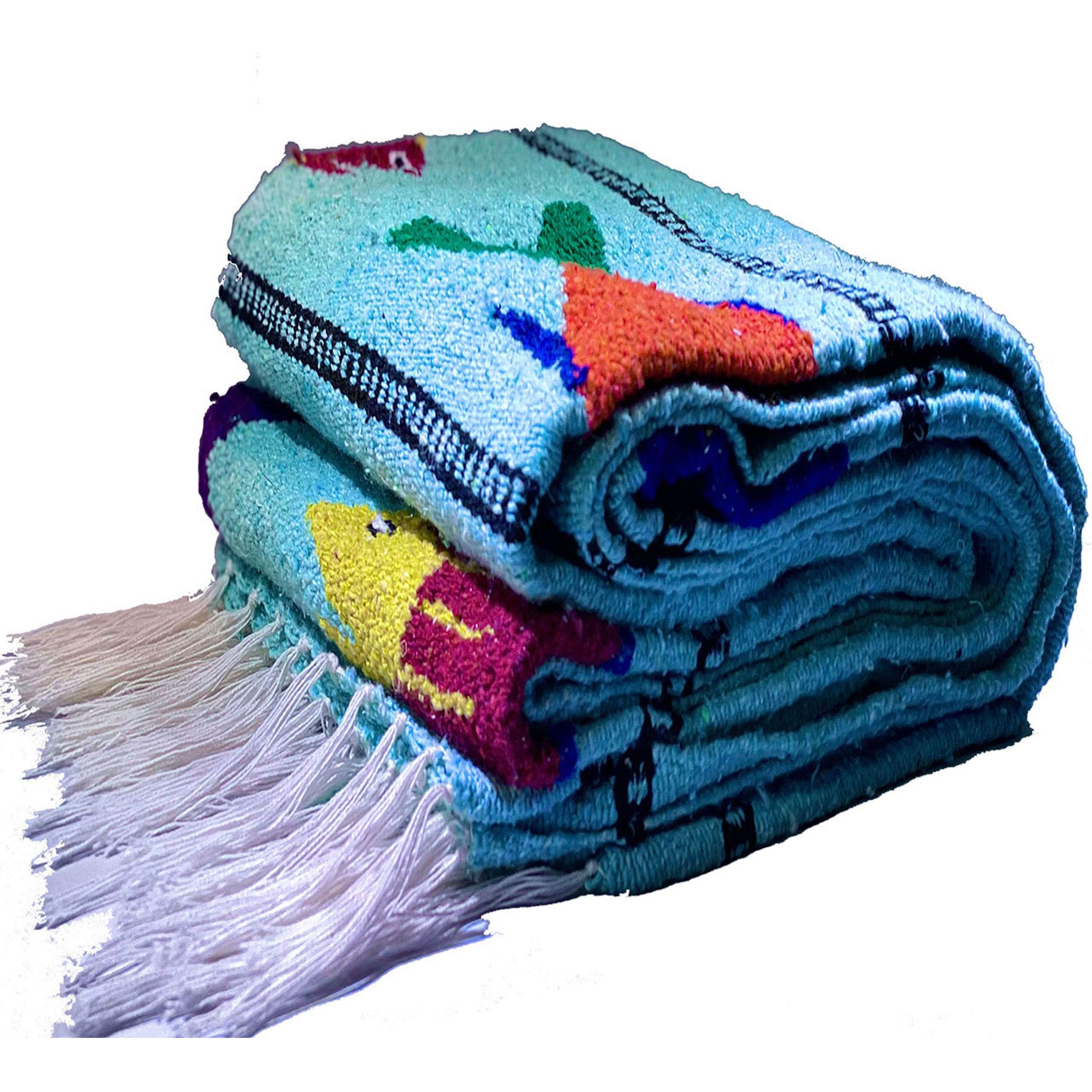 Handwoven Mexican Serape Blanket - Reversible Yoga Mat, Camping & Beach Throw, Picnic Blanket - Boho Home Decor & Car Accessory (Fish/Ice Design) - Perfect for Outdoor Adventures, Cozy Home Use & Travel