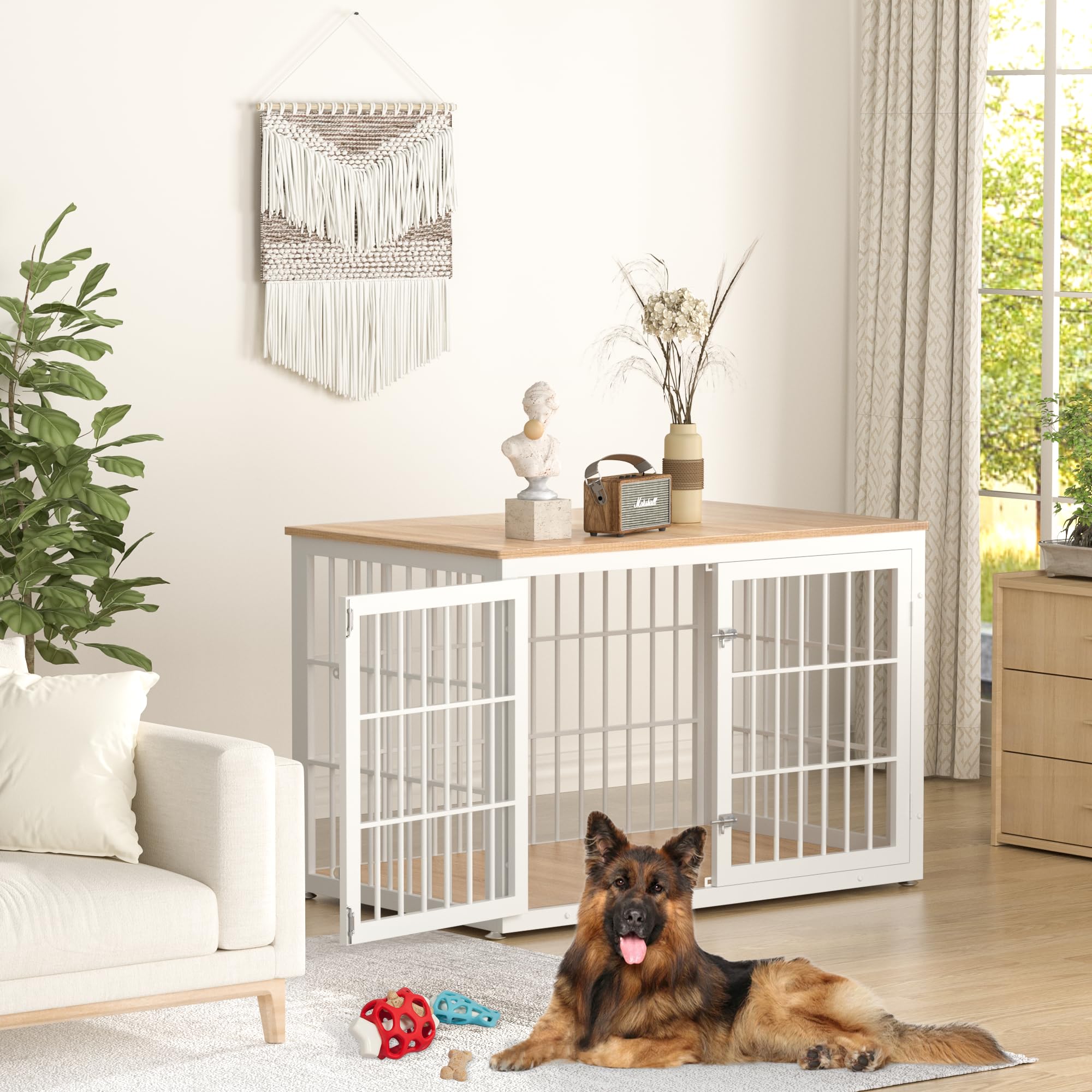 Sturdy Rustic Wooden Dog Crate Furniture for Extra Large Dogs - Decorative Indoor Pet Kennel with End Table Design (XL Size, White & Natural Finish) - Perfect for Living Rooms, Bedrooms & Home Offices