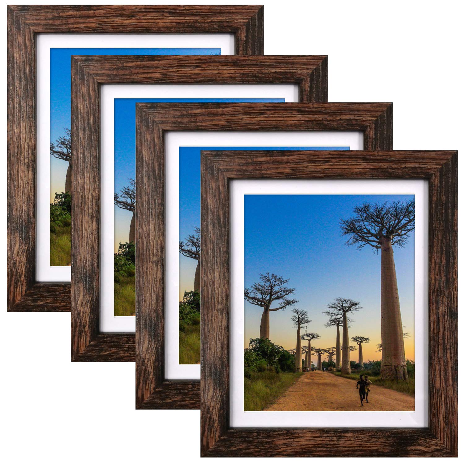 8x10 Picture Frames 4 Pack - Rustic Brown Wood Photo Frames with Mat for Wall Display, Home Decor, Office & Gift Giving