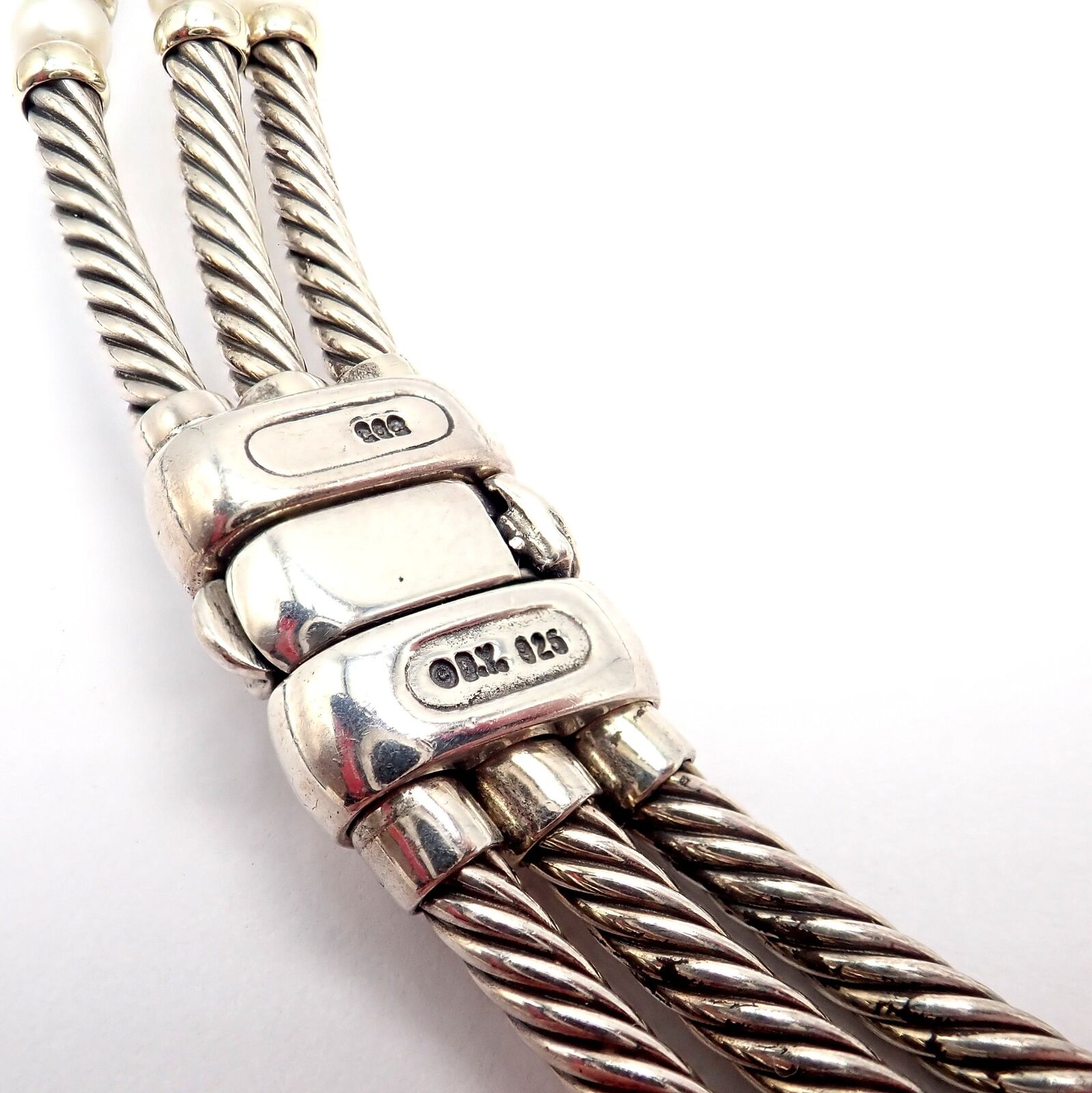 David Yurman DY Sterling Silver & 14k Yellow Gold 3 Cable 3mm Pearl Necklace - 15
