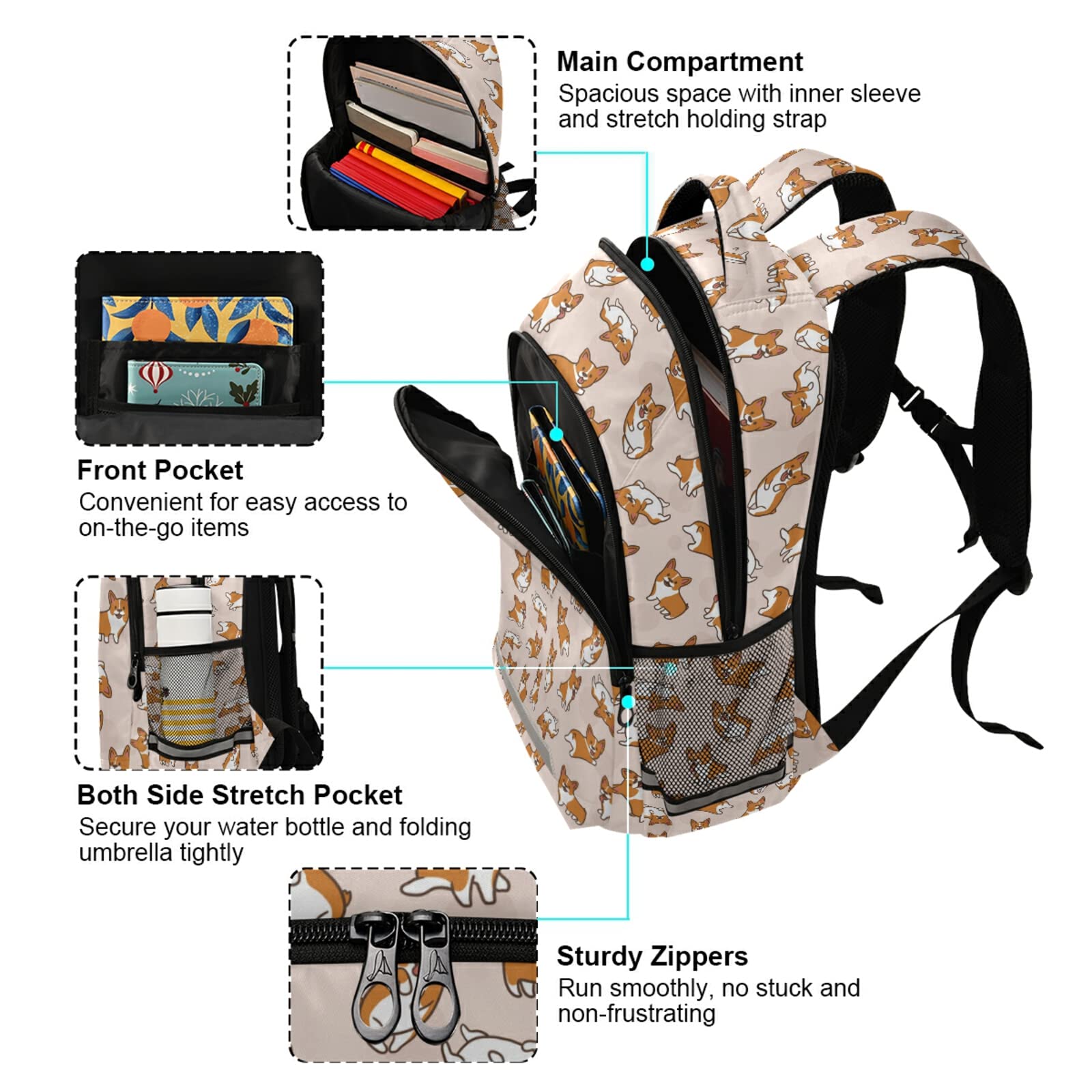 ALAZA Cute Little Corgi Dog Backpack - Lightweight Travel Laptop Daypack for School, Work & College | Waterproof Book Bag for Men, Women, Teens & Kids | Perfect for Daily Use, Commuting & Outdoor Activities