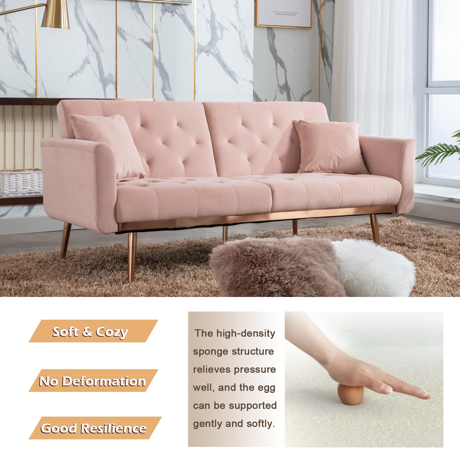 Antetek Velvet Futon Sofa Bed - 3 Adjustable Positions, Small Sleeper Sofa Loveseat with 2 Decorative Pillows, Modern Convertible Couch with 5 Metal Tapered Legs - Pink Velvet Upholstered Furniture for Living Room, Guest Room & Small Spaces