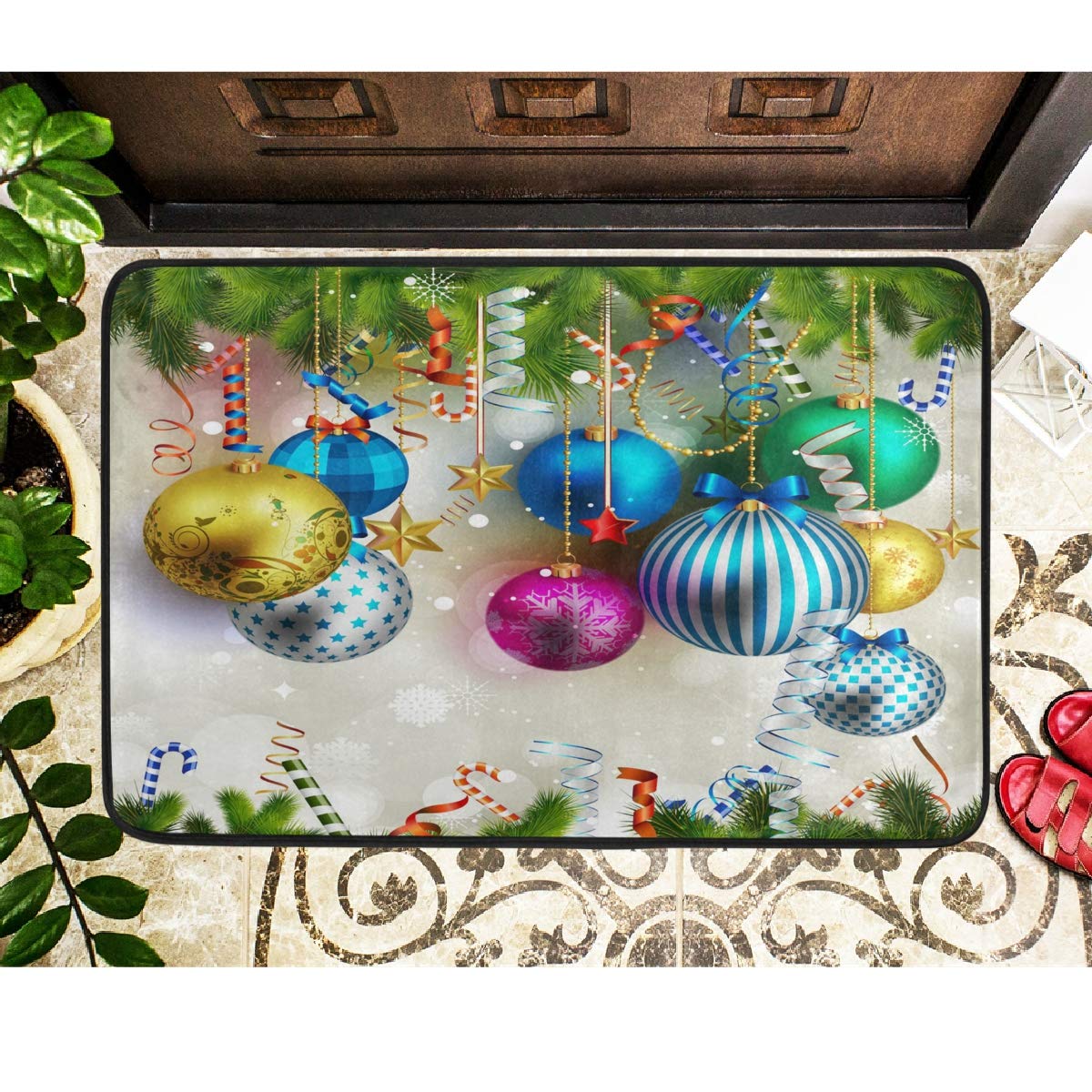 Non-Slip Christmas Doormat with Colorful Balls & Holly Design - 23.6x15.7 Inch Washable Indoor/Outdoor Holiday Welcome Mat for Front Door, Bathroom, Porch - Perfect Xmas Decor for Winter Season
