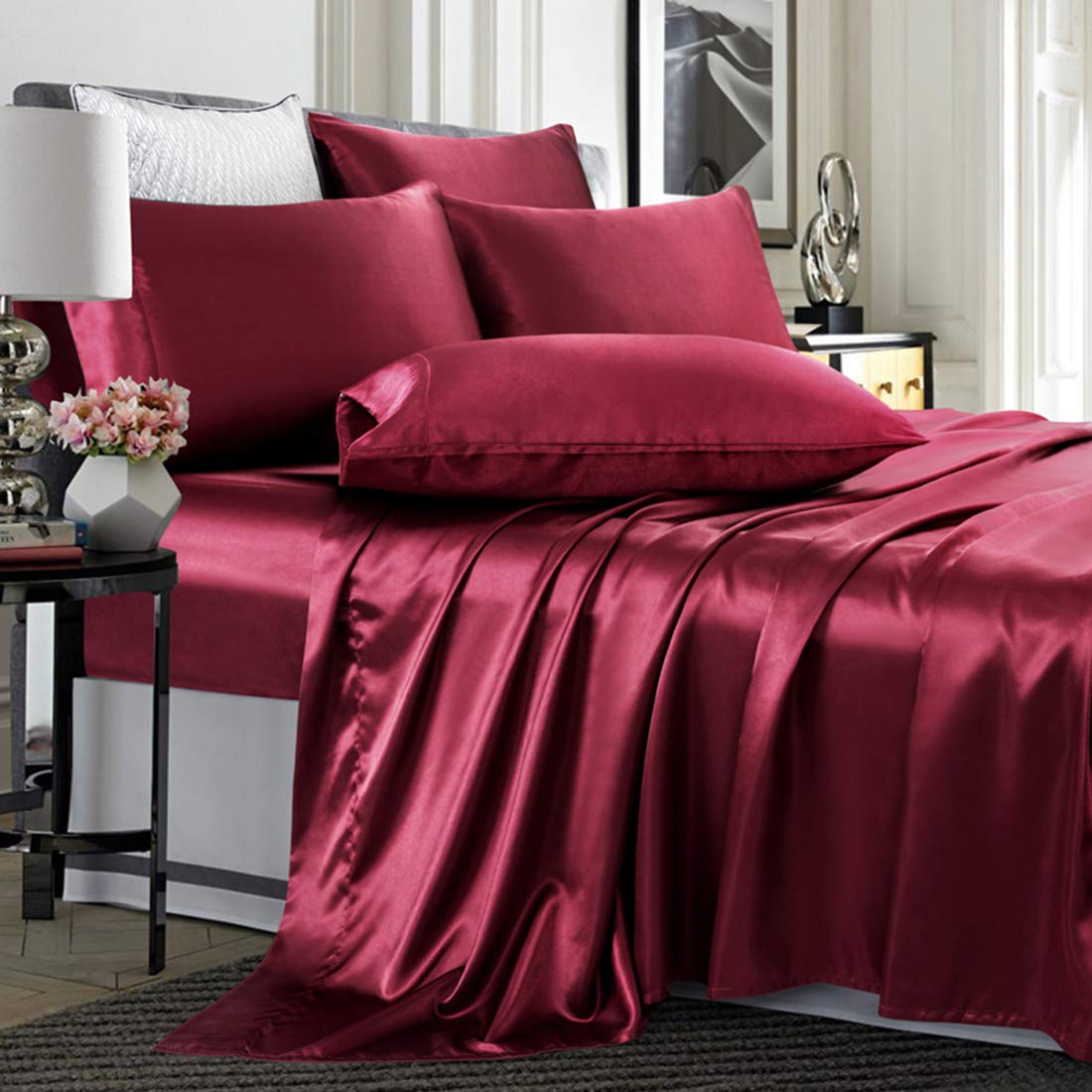 Luxury 6-Piece Satin Sheet Set Queen Size - Silky Smooth Burgundy Bedding with Deep Pocket (Fitted Sheet, Flat Sheet & 4 Pillowcases) for Elegant Bedroom Decor & Romantic Nights