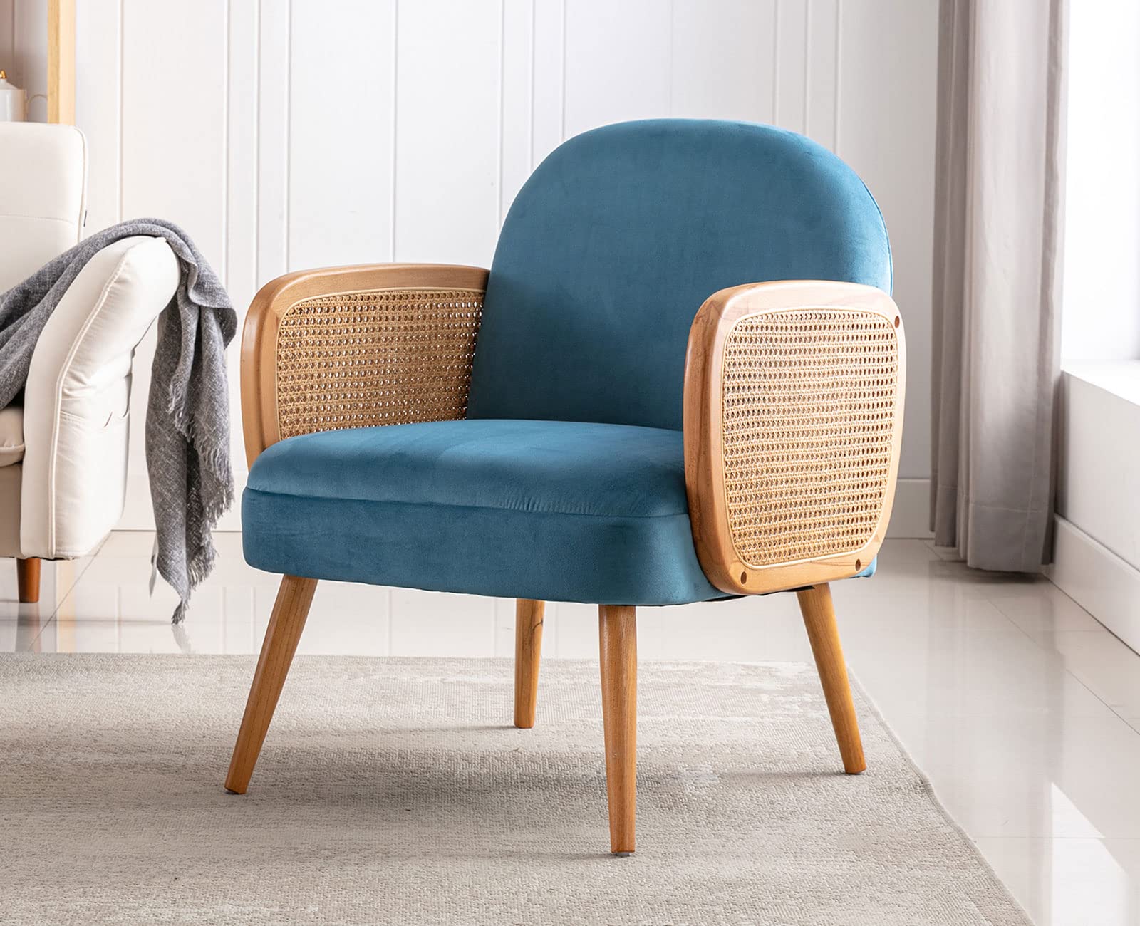 Shunzhi Mid-Century Modern Rattan Armchair - Retro Upholstered Lounge Chair with Wood Frame, Comfortable Reading Accent Chair for Living Room, Bedroom & Small Spaces - Blue - Perfect for Cozy Corners, Relaxing & Home Decor