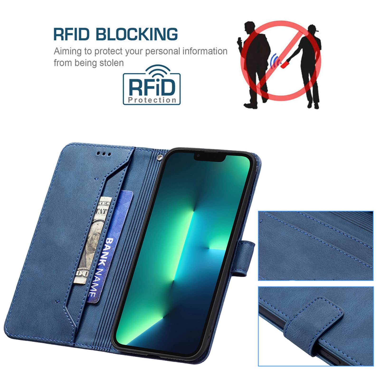 Genuine Leather Flip Wallet Case for iPhone 13 Pro Max/13 Pro/13/13 Mini with RFID Blocking, Card Slots, Kickstand & Magnetic Protection - Shockproof TPU Cover (Red, 5.4