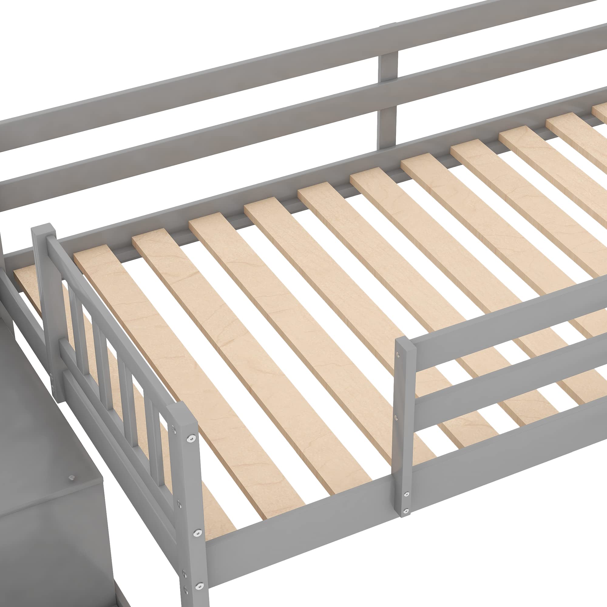 Convertible Twin Size Solid Wood Loft Bed with Fun Slide & Storage Staircase - Kids & Teens Low Bunk Bed with Safety Guardrail & Reinforced Wood Slats (Grey) - Perfect for Small Bedrooms, Playrooms & Dorm Rooms