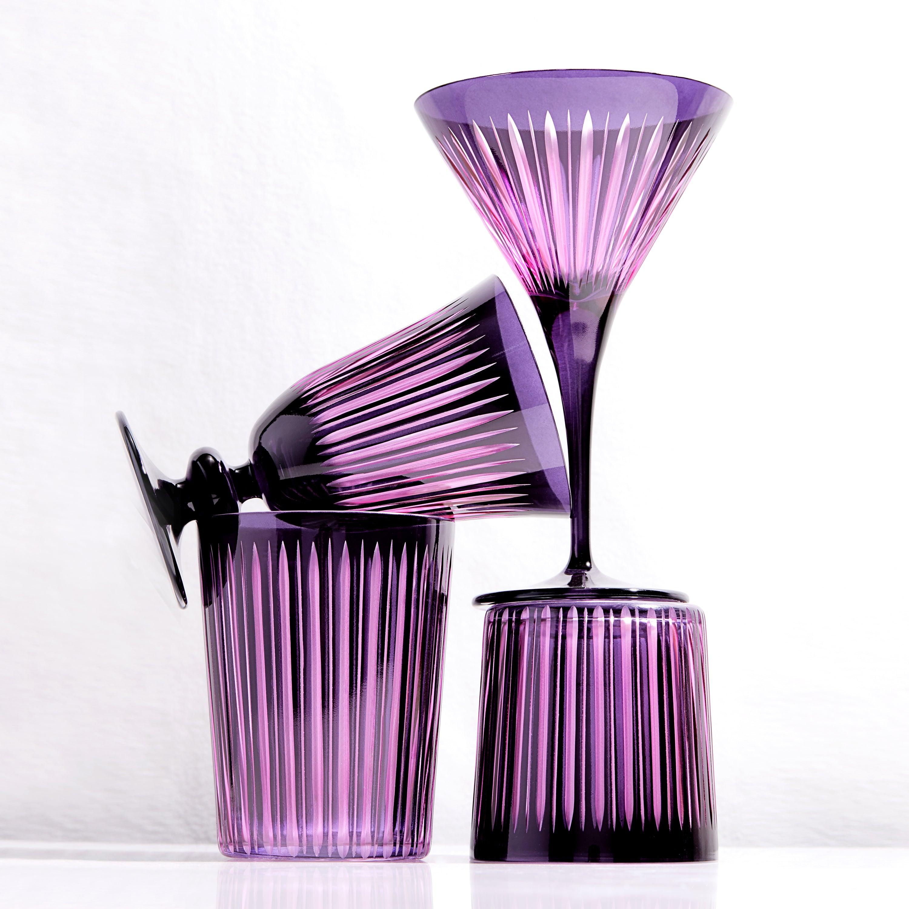 Vintage Purple Prism Double Old Fashioned Whiskey Glasses - Set of 4 - Elegant Cocktail Barware for Bourbon, Scotch & Home Entertaining