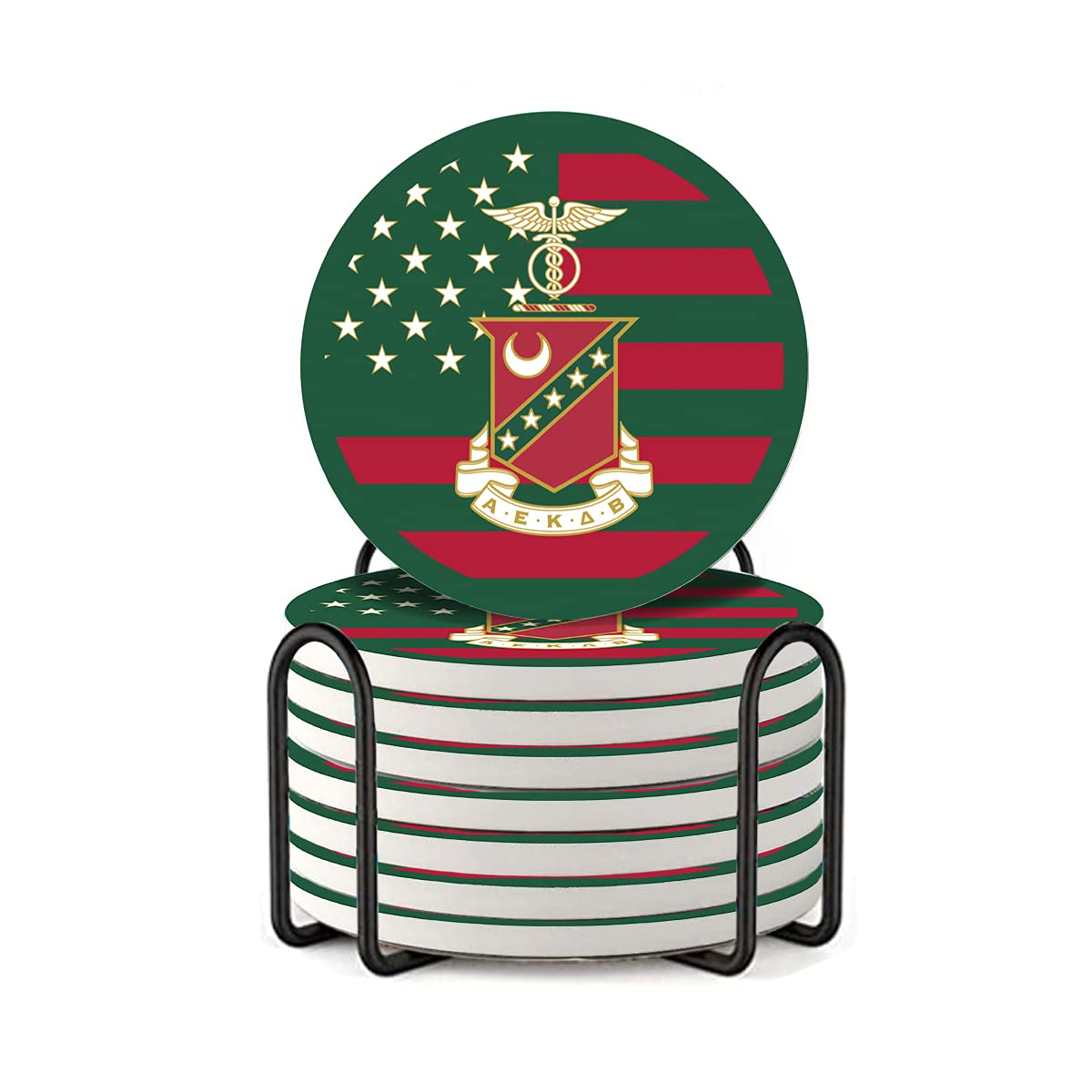 Kappa Sigma Fraternity Ceramic Drink Coasters with Cork Base & Metal Holder - Set of 8 for Coffee Table, Bar, or Office - Absorbent & Durable for Hot/Cold Beverages