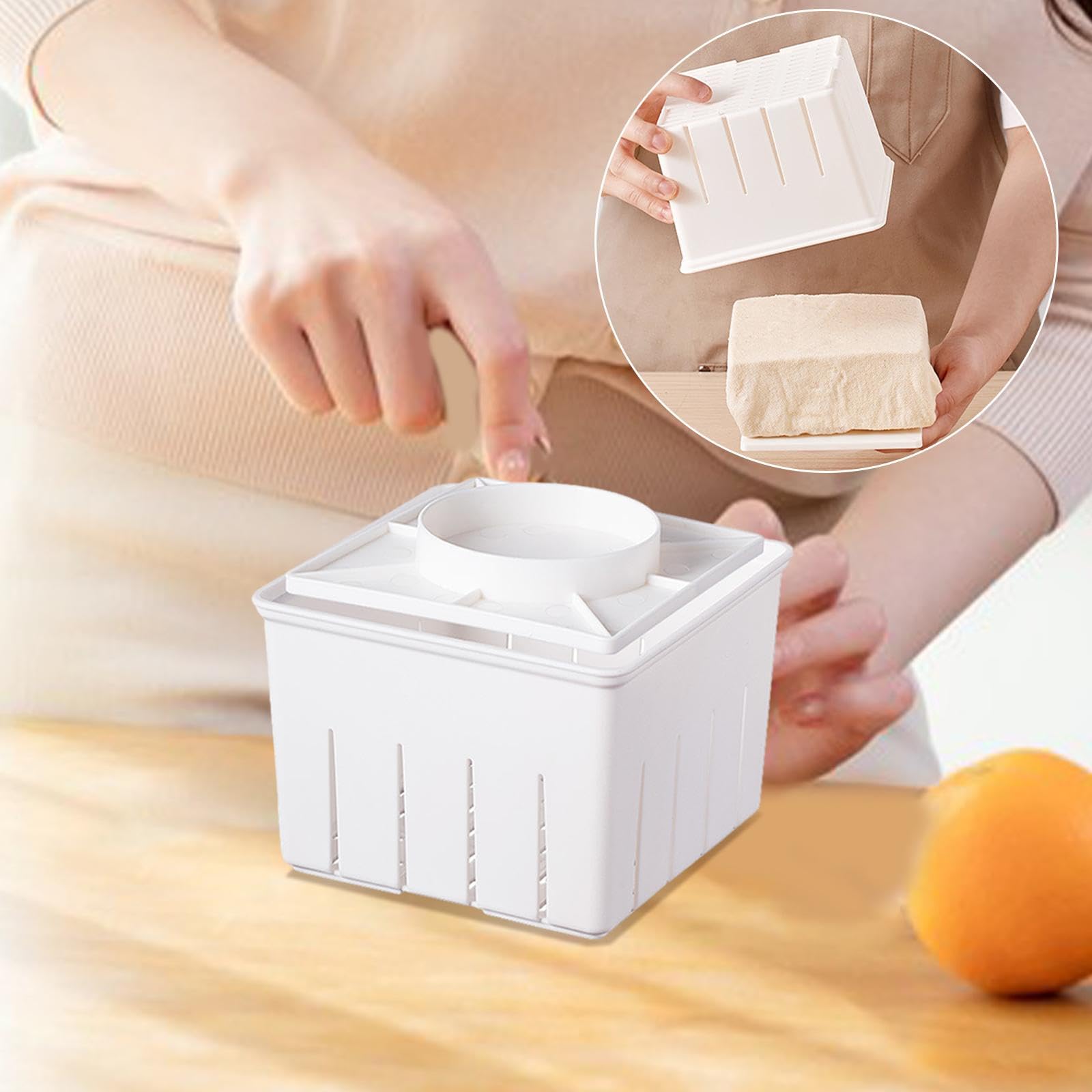 Premium Tofu Press Maker - Stainless Steel Manual Tofu Press for Homemade, DIY Tofu Making (12.8x12.8x9.1cm, White) - Perfect for Kitchen, Vegan Cooking, Meal Prep & Camping Trips