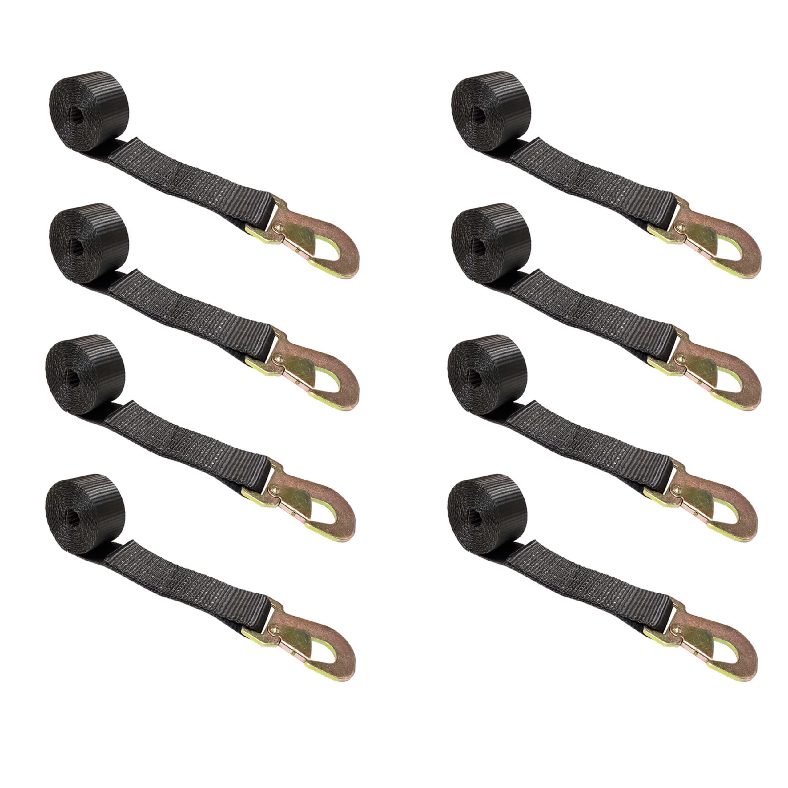 2in x 10ft Heavy Duty Snap Hook Lasso Winch Strap - Pack of 8 Black USA Made Tie Down Straps for Car Wheels, Trailers, Auto Tow & Off-Road Vehicles | Secure Transport & Towing Accessories