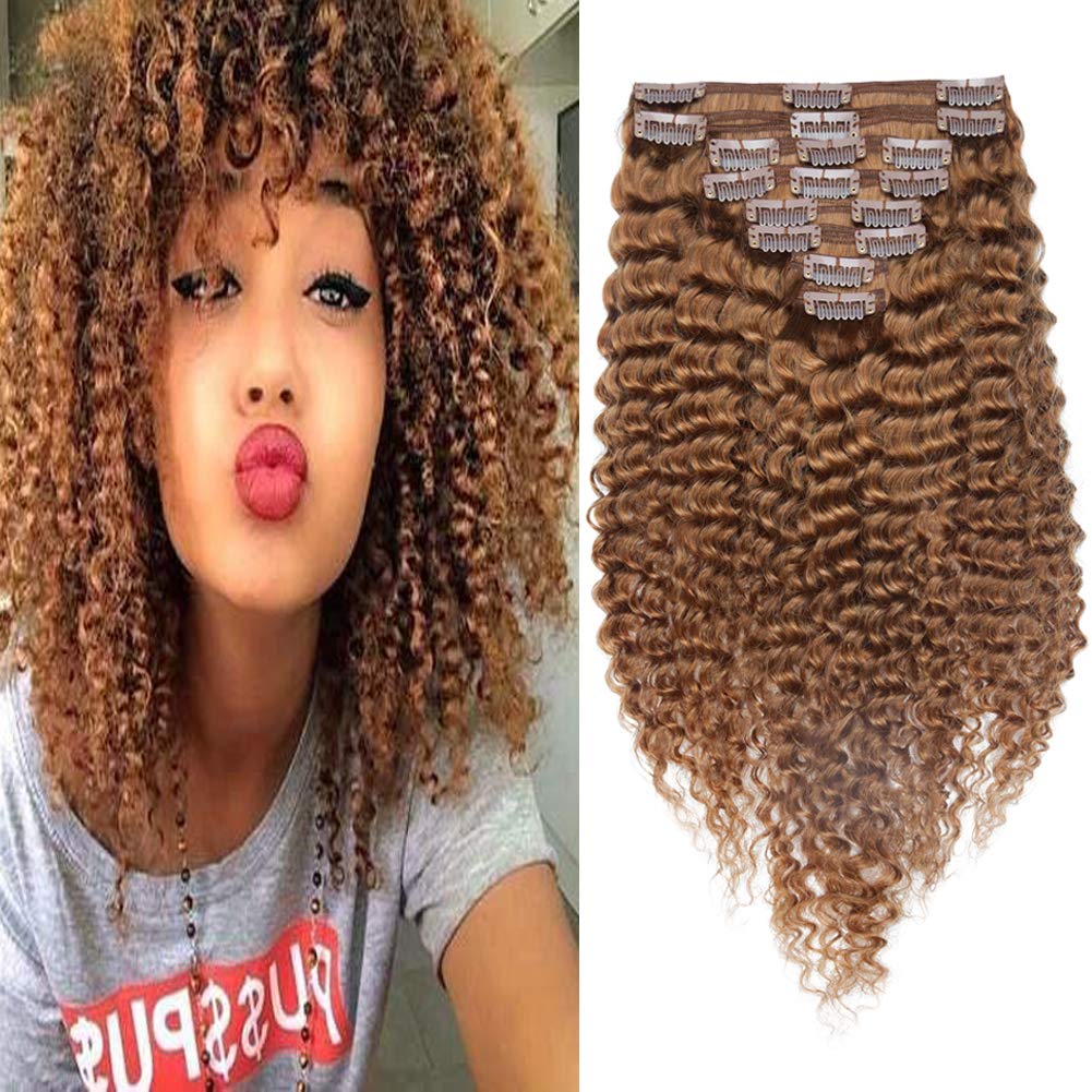 Benehair 22inch 120g Kinky Curly Clip-in Hair Extensions - 100% Human Hair for Black Women | Afro 3B/3C Natural Hair | Double Weft Thick Coil Brazilian Hair in Light Auburn (8pcs/18 Clips) - Perfect for Parties, Weddings & Daily Styling